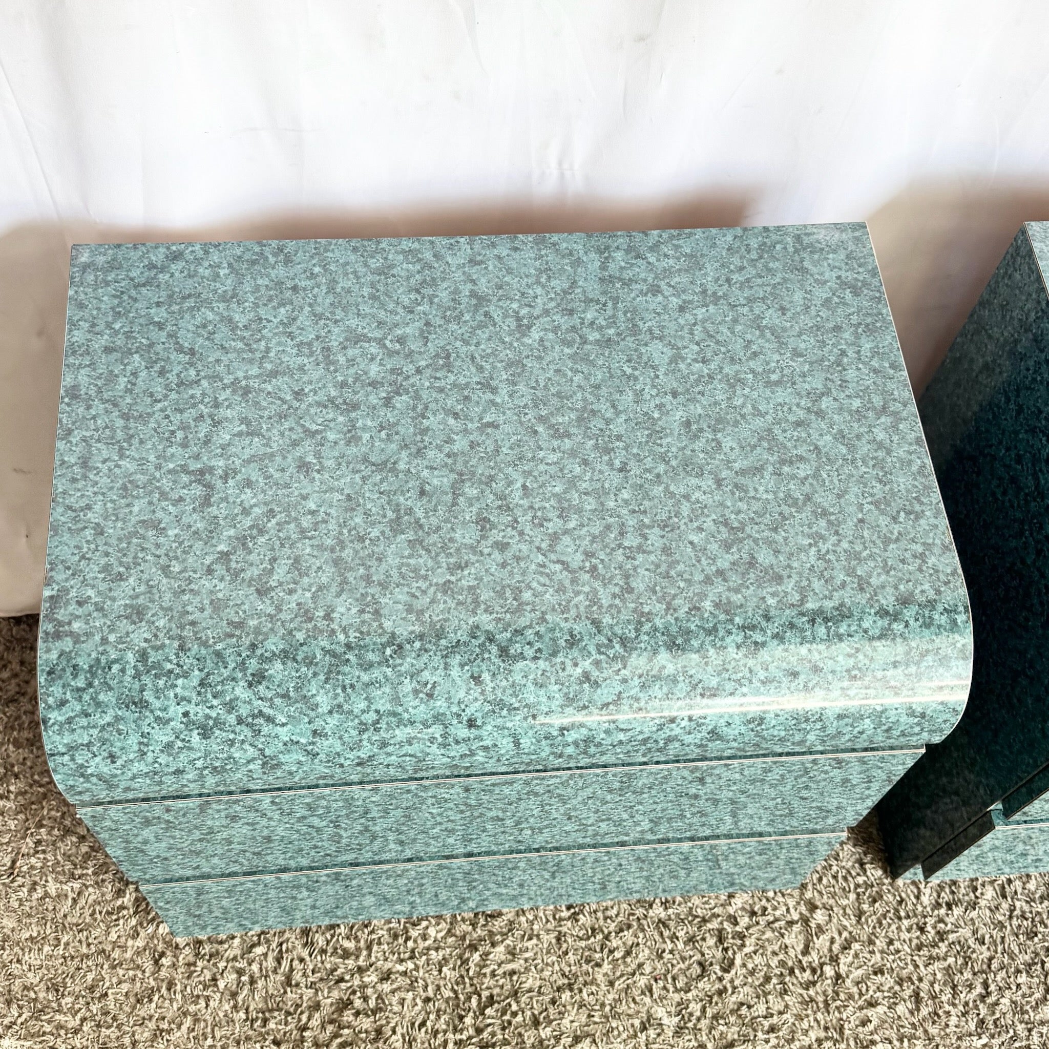 Postmodern Faux Teal Granite Waterfall Nighstands - A Pair