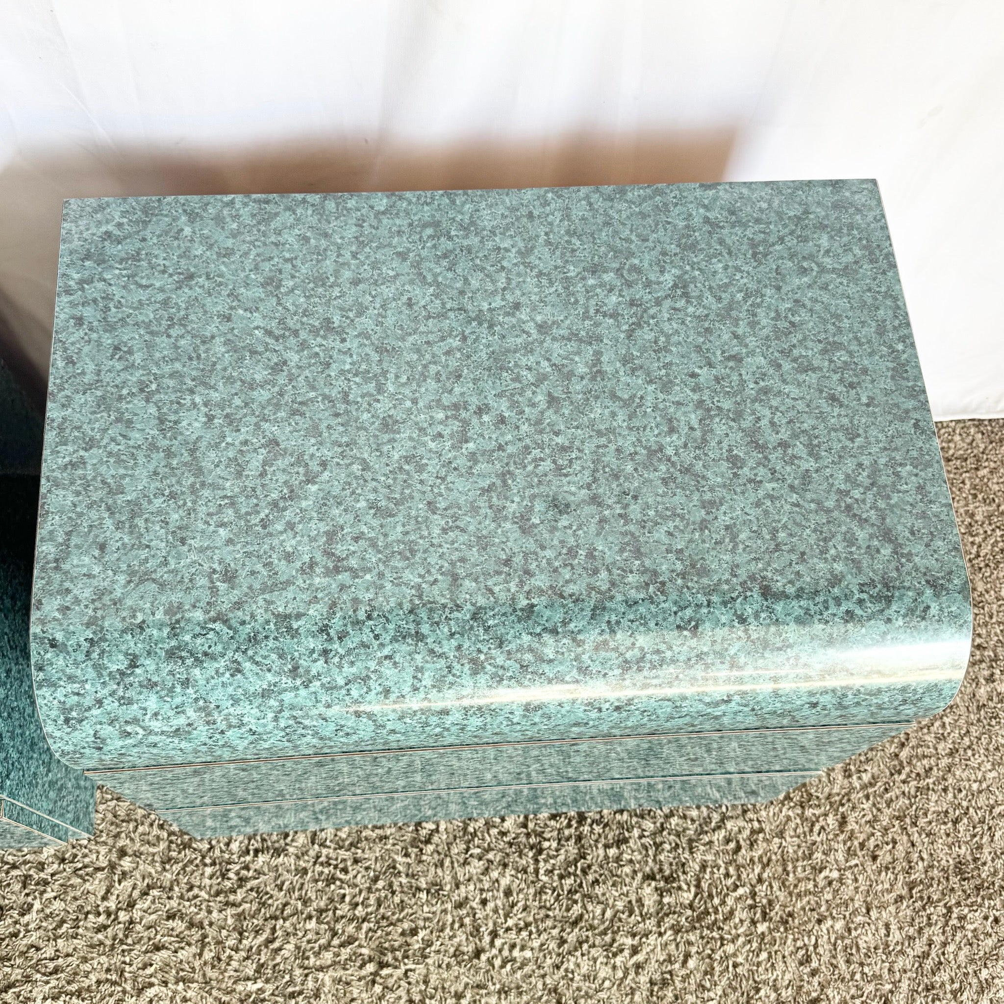 Postmodern Faux Teal Granite Waterfall Nighstands - A Pair