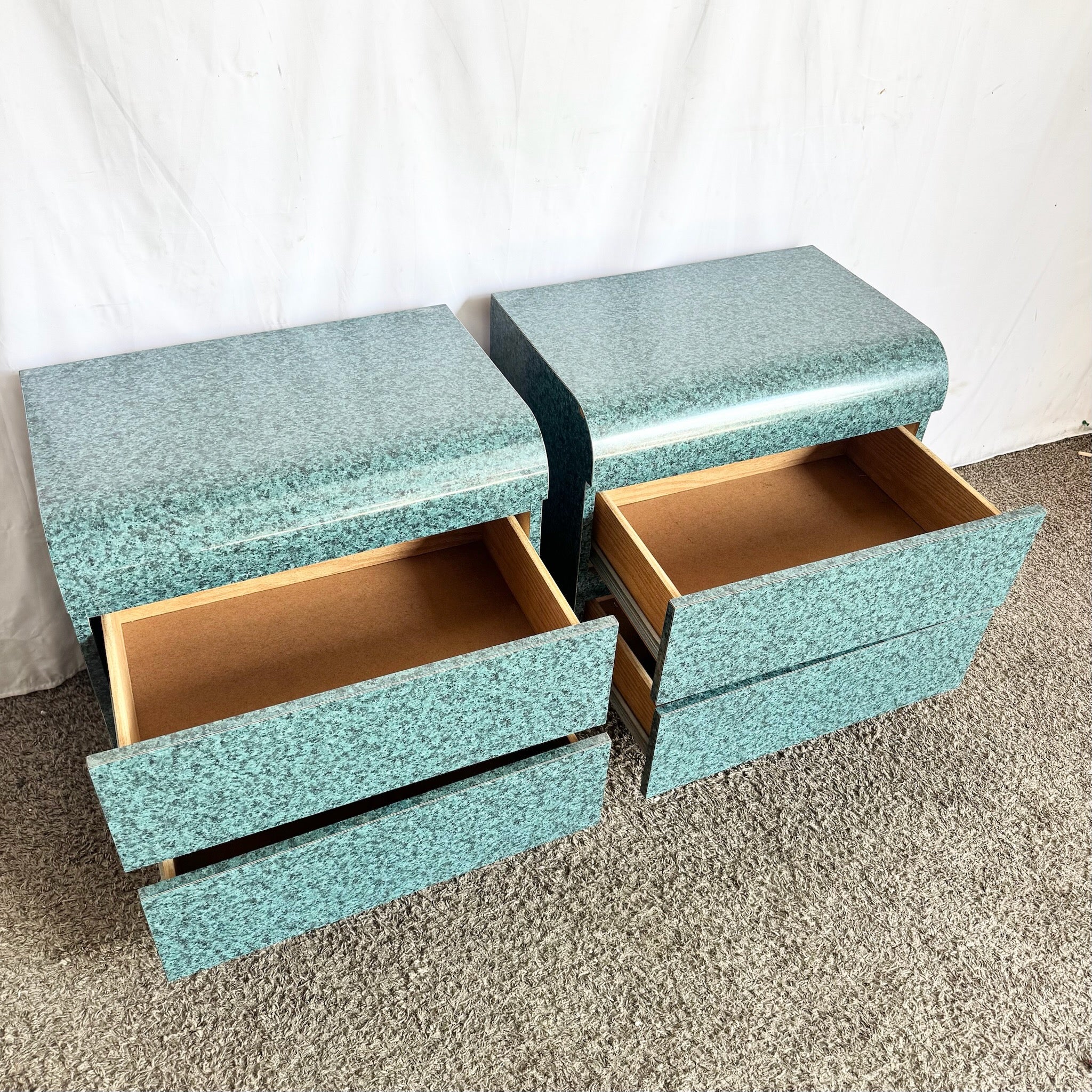 Postmodern Faux Teal Granite Waterfall Nighstands - A Pair