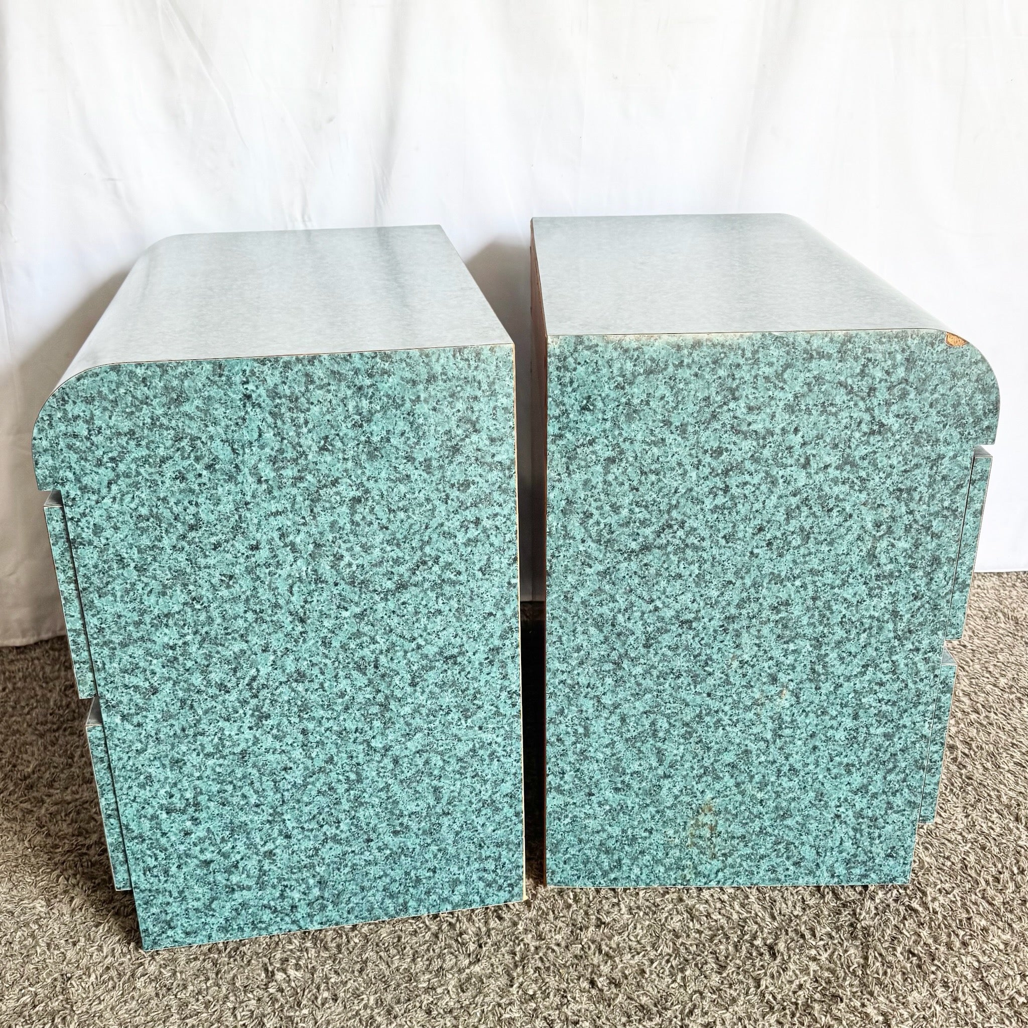 Postmodern Faux Teal Granite Waterfall Nighstands - A Pair