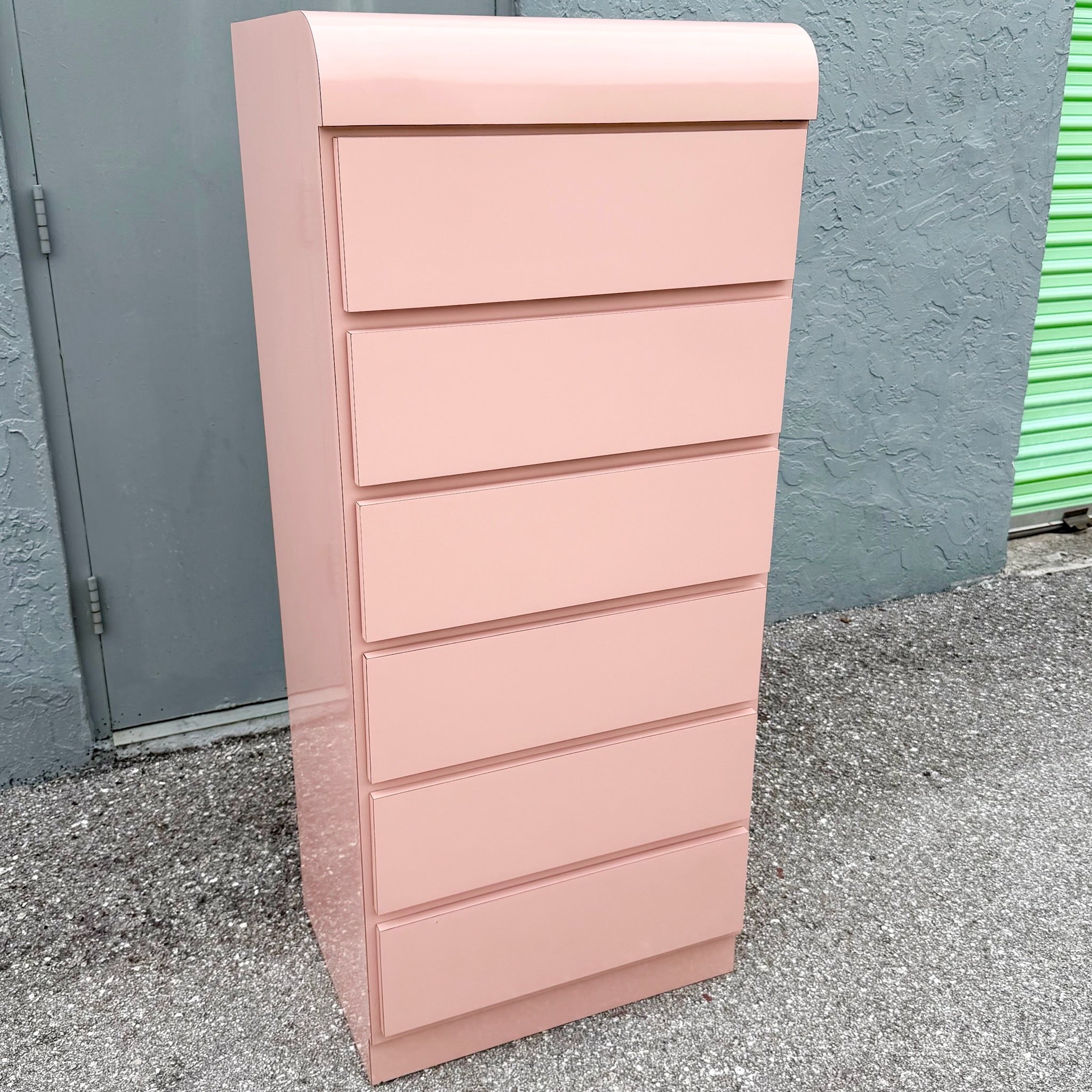 Postmodern Pink Gloss Laminate Waterfall Highboy/Lingerie Armoire Dolphin & Flamingo