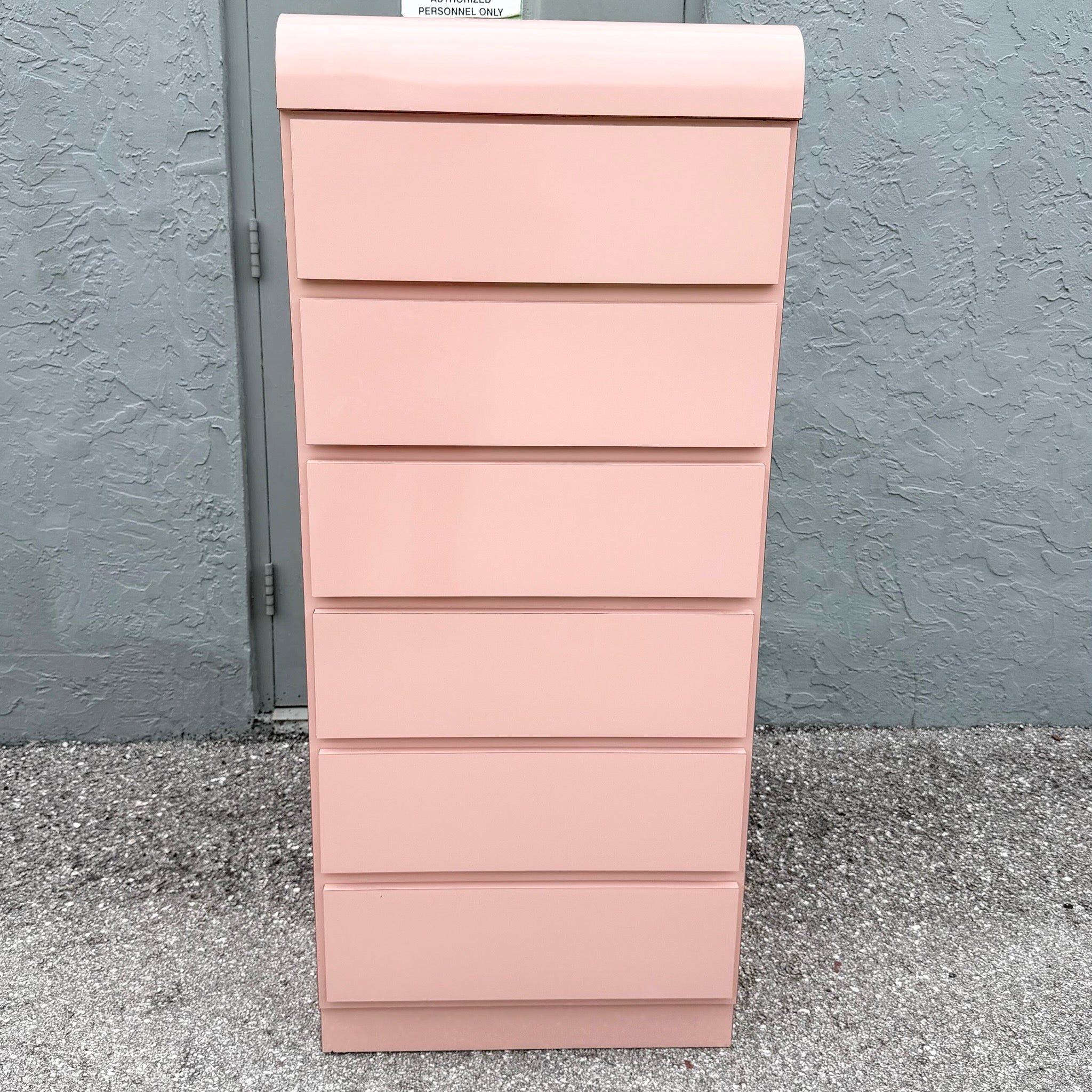 Postmodern Pink Gloss Laminate Waterfall Highboy/Lingerie Armoire Dolphin & Flamingo