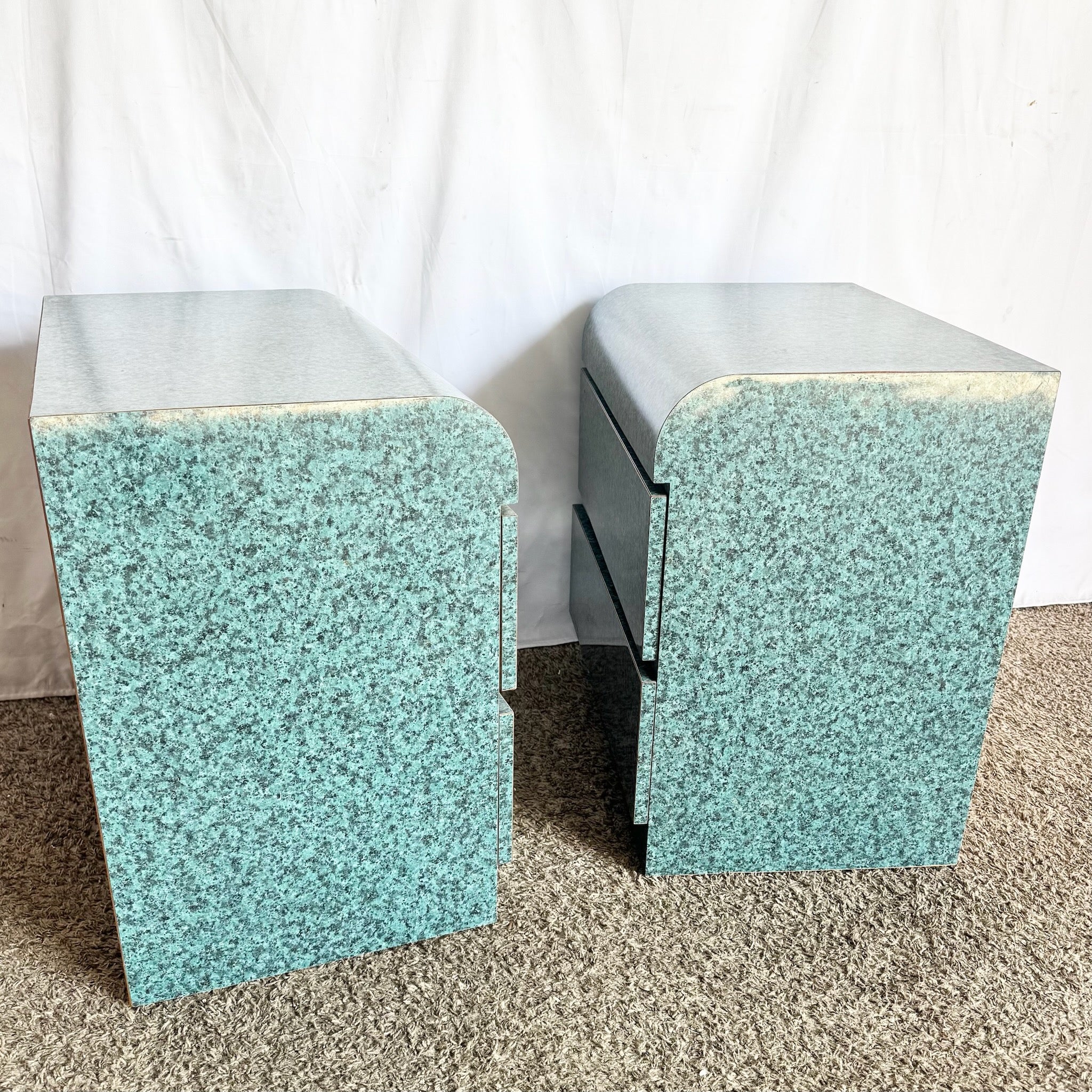 Postmodern Faux Teal Granite Waterfall Nighstands - A Pair