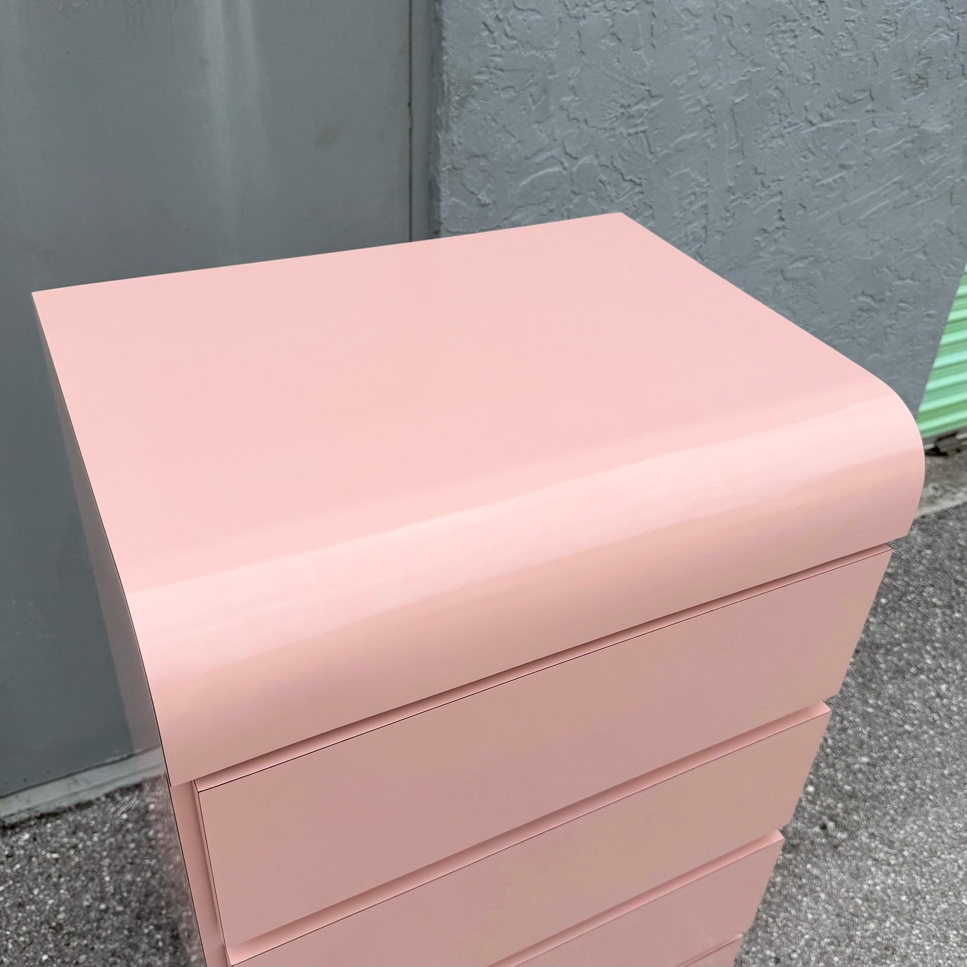 Postmodern Pink Gloss Laminate Waterfall Highboy/Lingerie Armoire Dolphin & Flamingo
