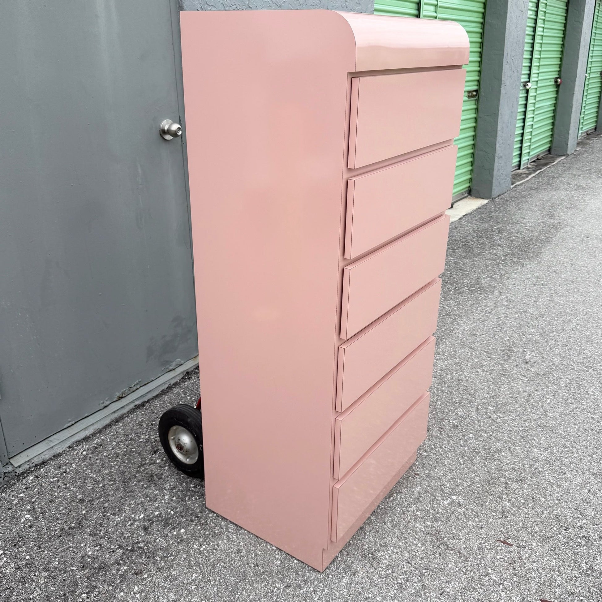 Postmodern Pink Gloss Laminate Waterfall Highboy/Lingerie Armoire Dolphin & Flamingo