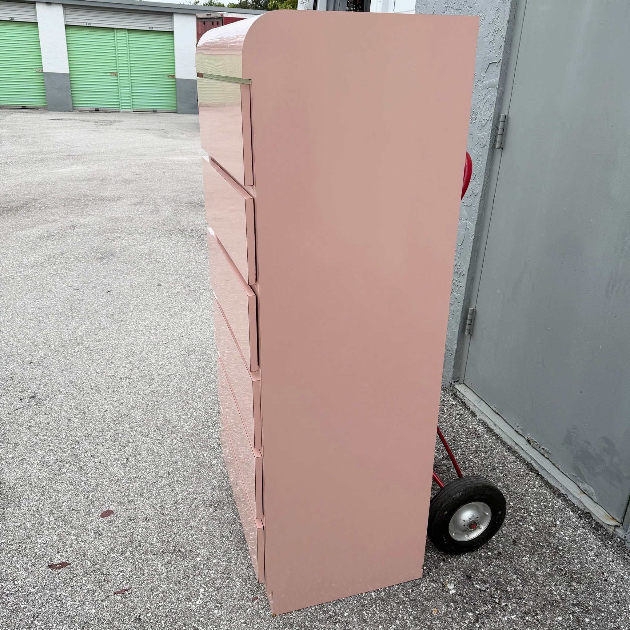 Postmodern Pink Gloss Laminate Waterfall Highboy/Lingerie Armoire Dolphin & Flamingo