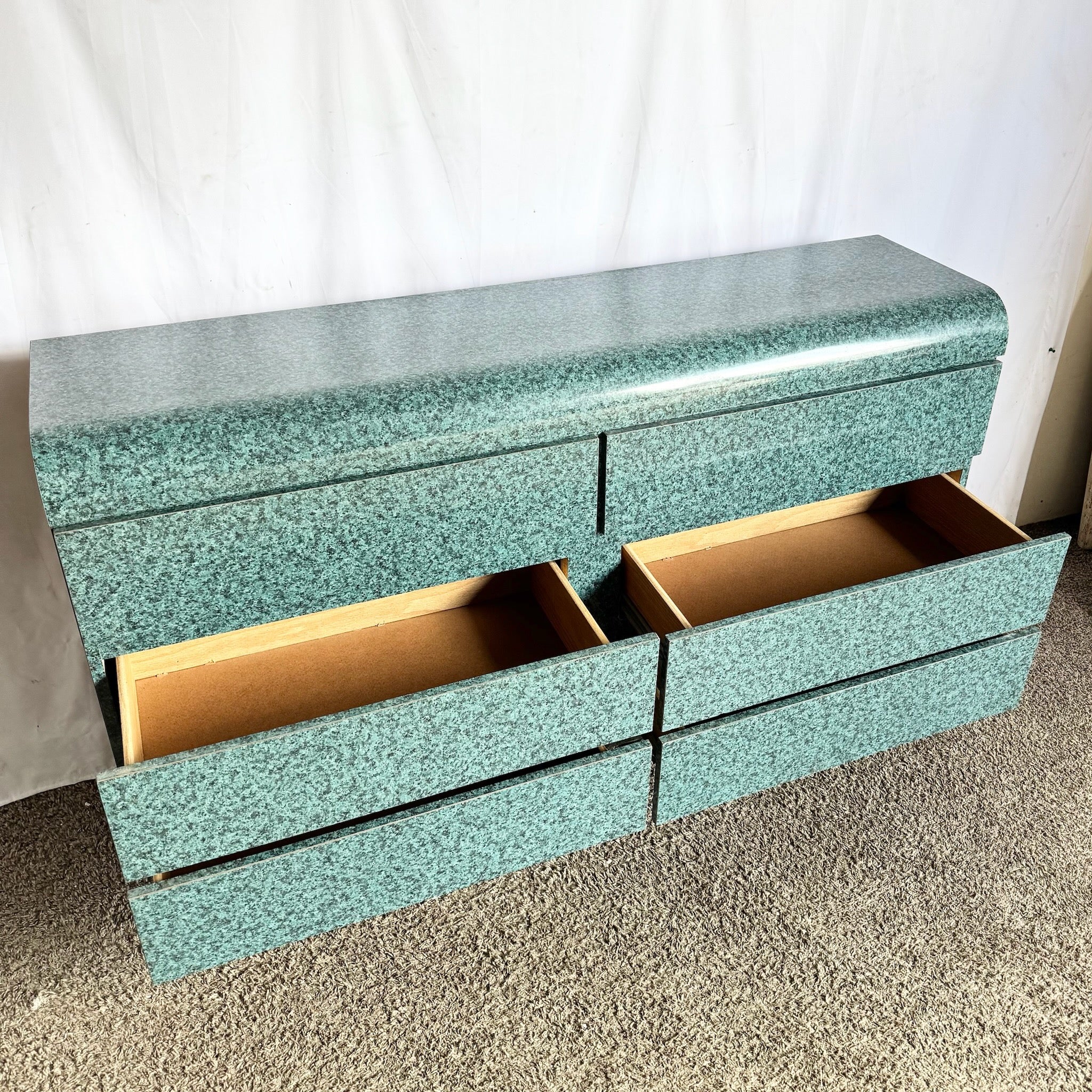 Postmodern Faux Teal Granite Waterfall Dresser