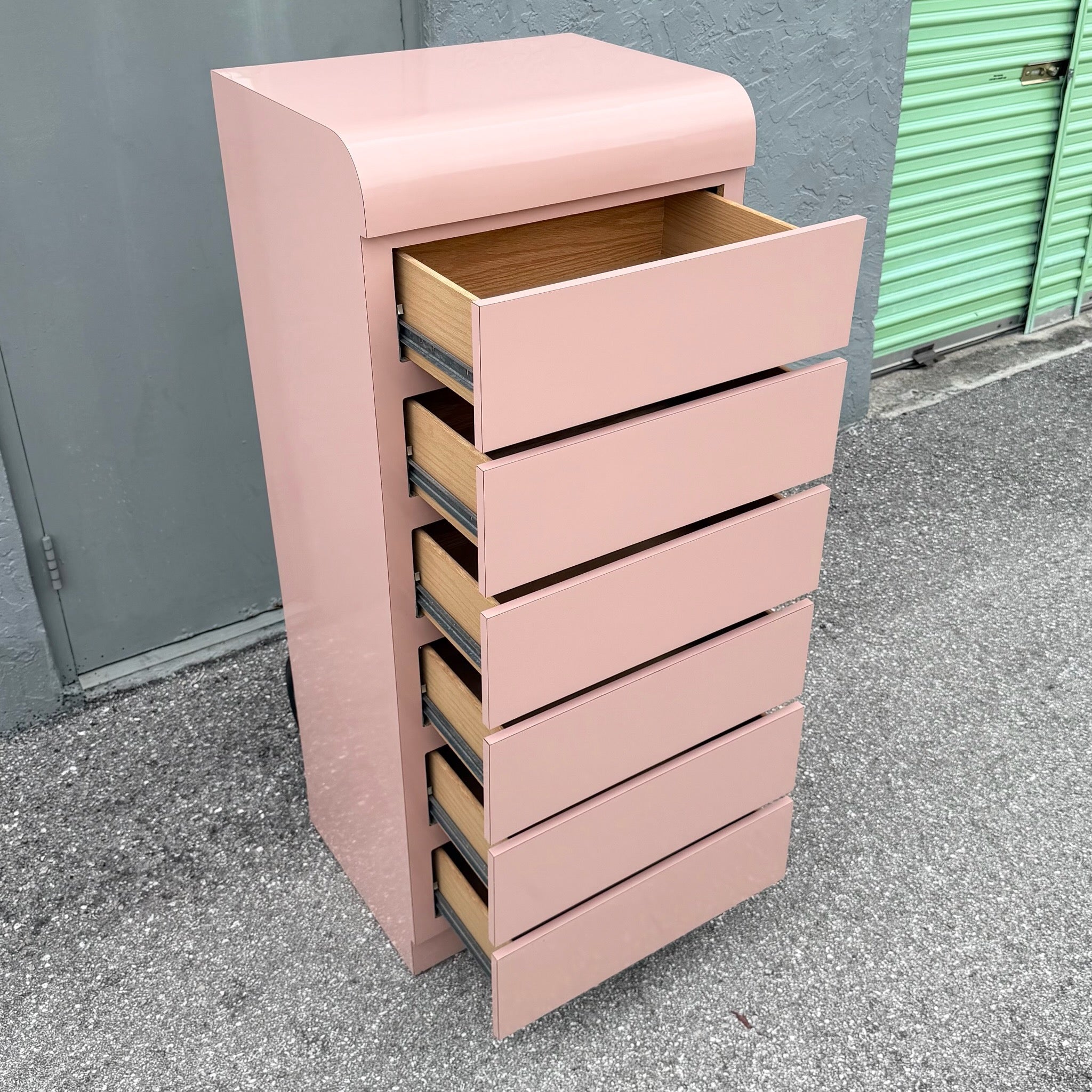 Postmodern Pink Gloss Laminate Waterfall Highboy/Lingerie Armoire Dolphin & Flamingo