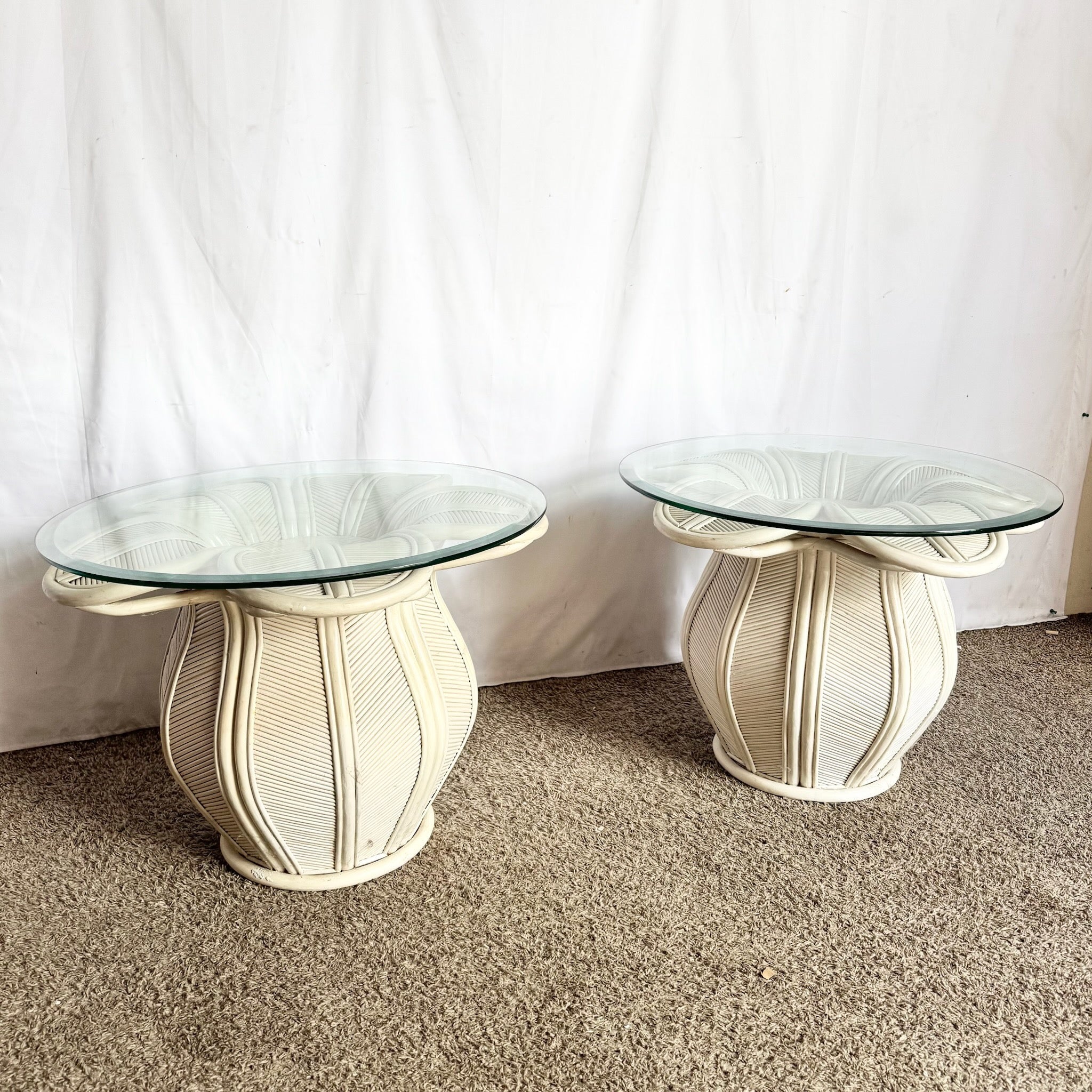 Vintage Boho Chic Pencil Reed Rattan Bell Flower Glass Top Side Tables - A Pair