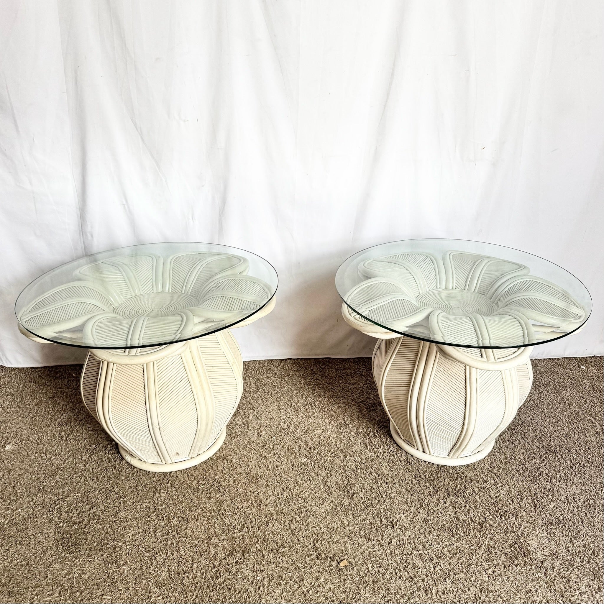Vintage Boho Chic Pencil Reed Rattan Bell Flower Glass Top Side Tables - A Pair