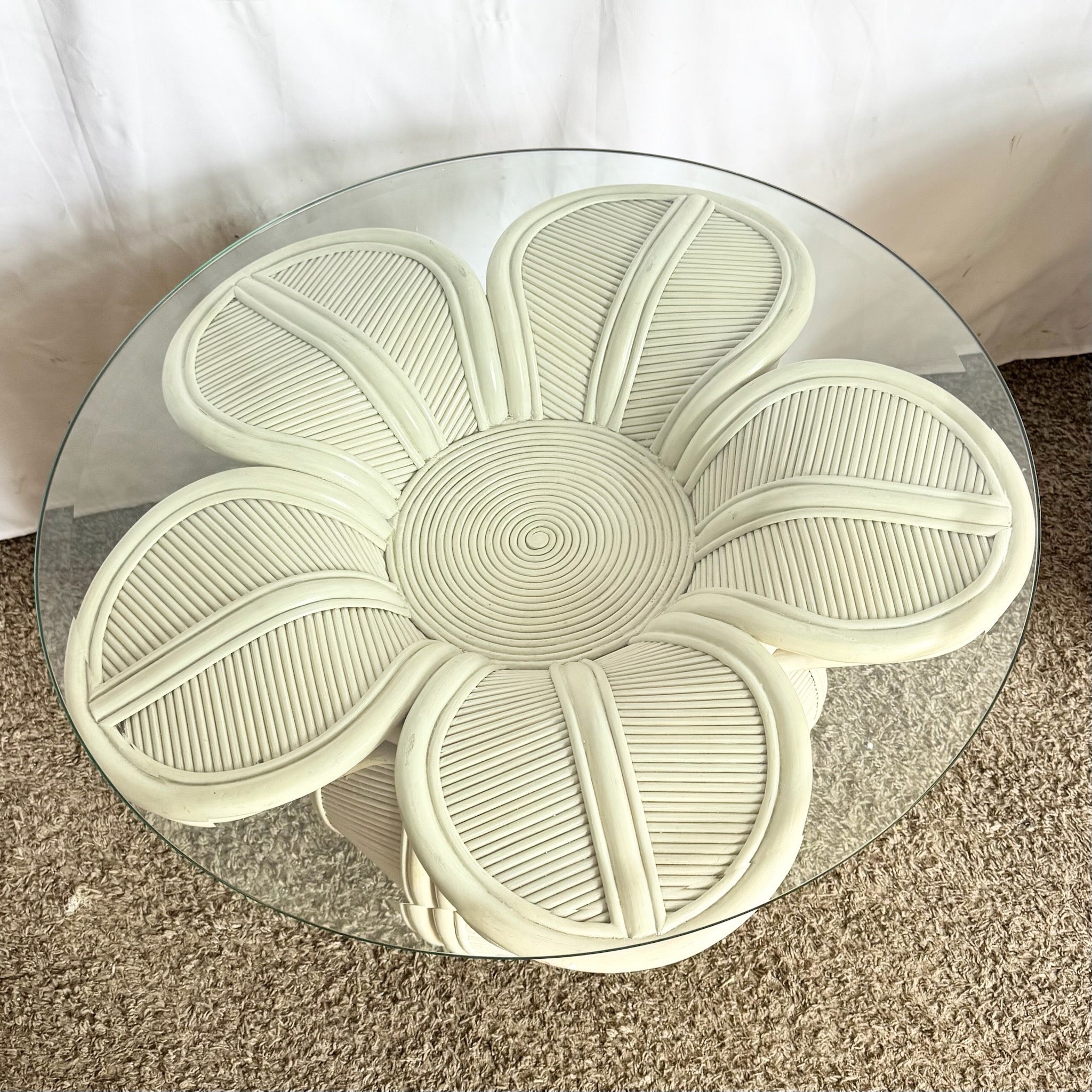 Vintage Boho Chic Pencil Reed Rattan Bell Flower Glass Top Side Tables - A Pair