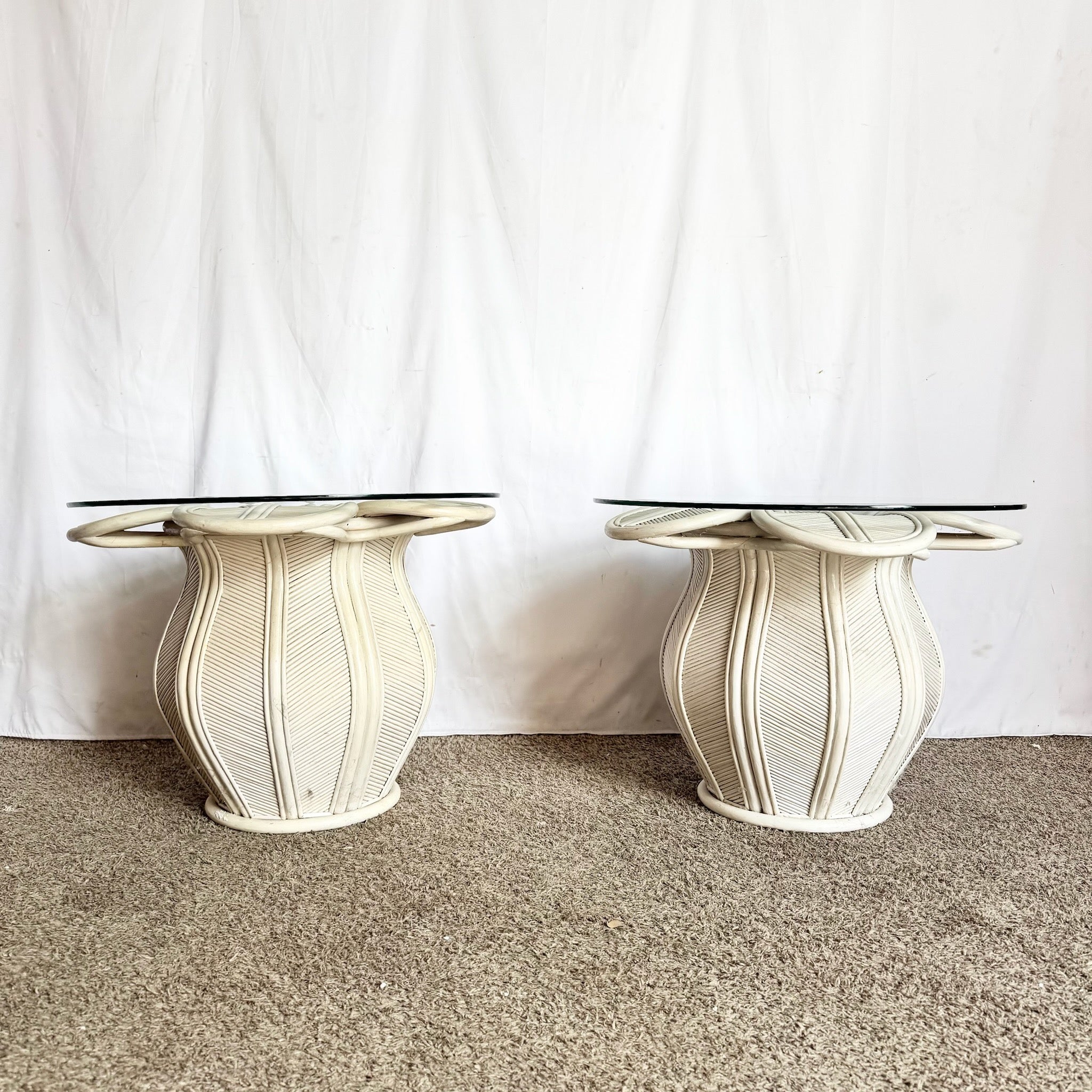 Vintage Boho Chic Pencil Reed Rattan Bell Flower Glass Top Side Tables - A Pair