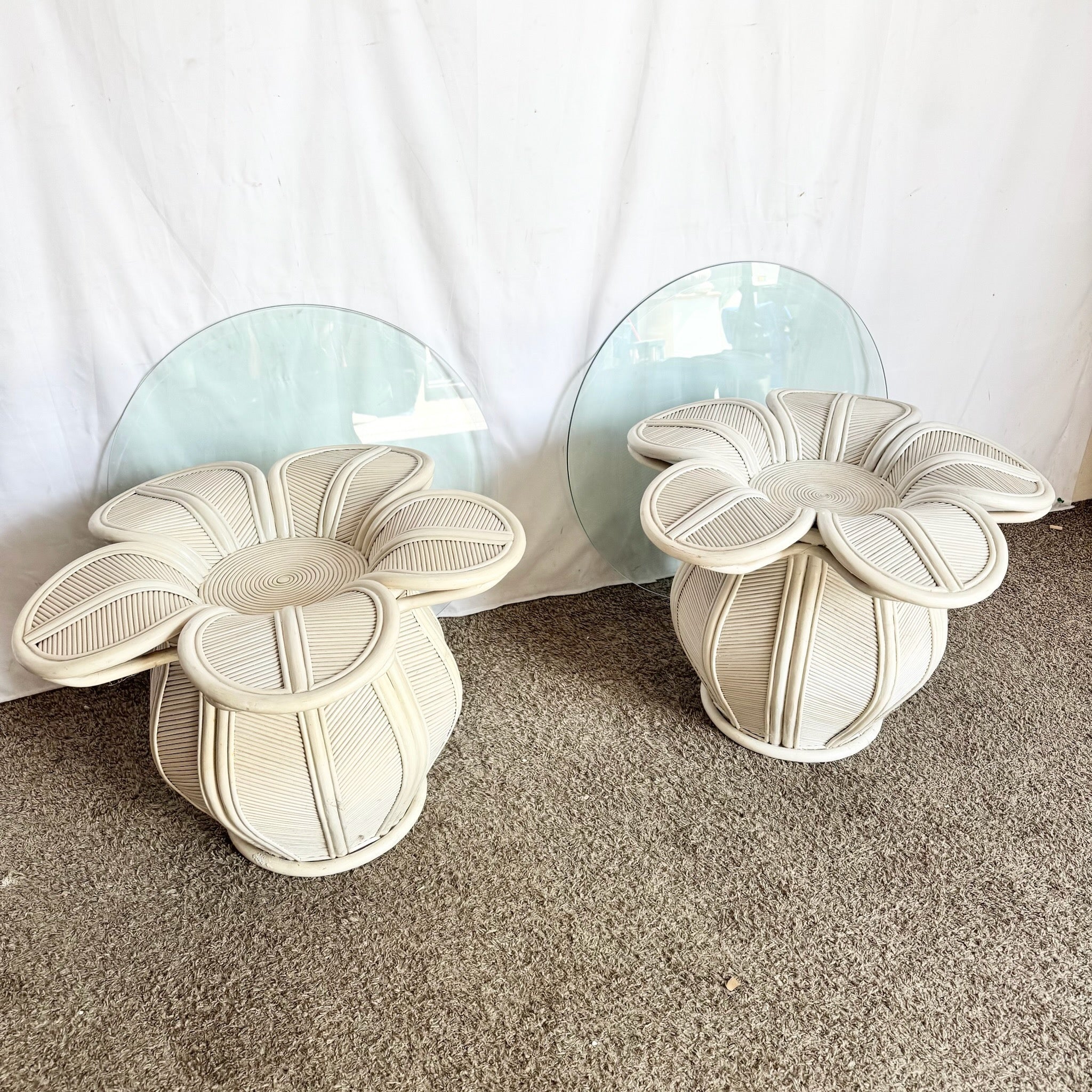 Vintage Boho Chic Pencil Reed Rattan Bell Flower Glass Top Side Tables - A Pair