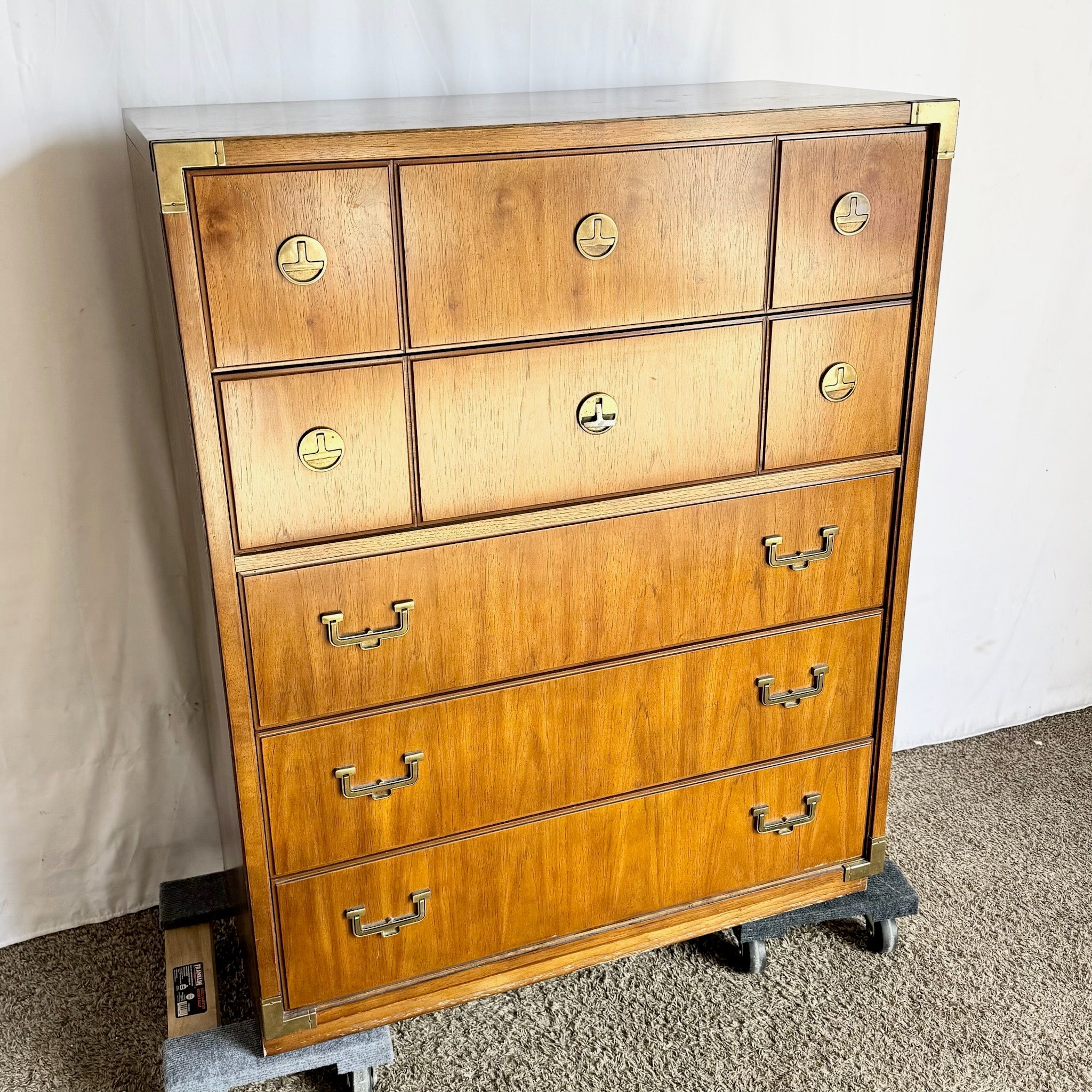 Vintage Campaign Highboy Dresser by Thomasville