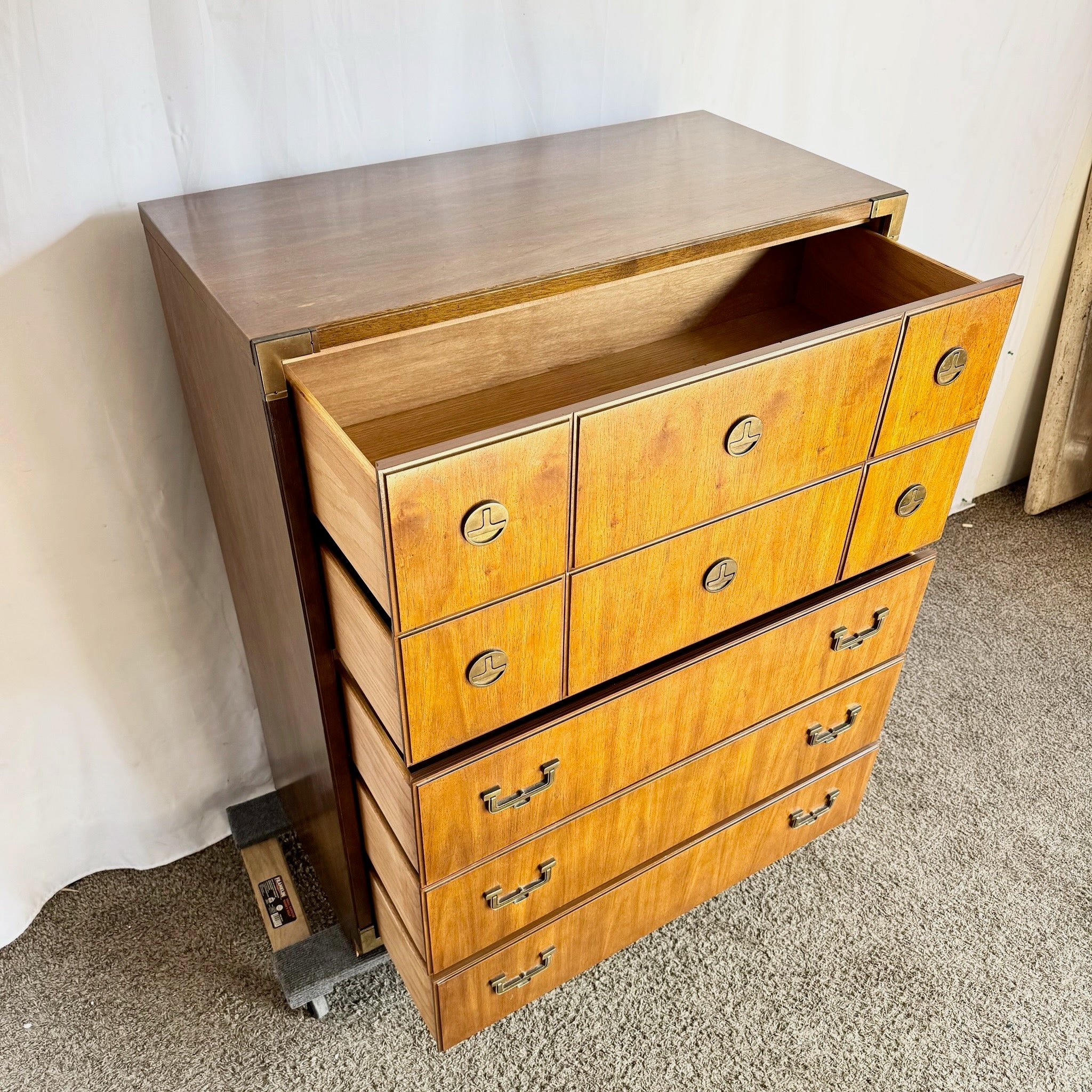 Vintage Campaign Highboy Dresser by Thomasville