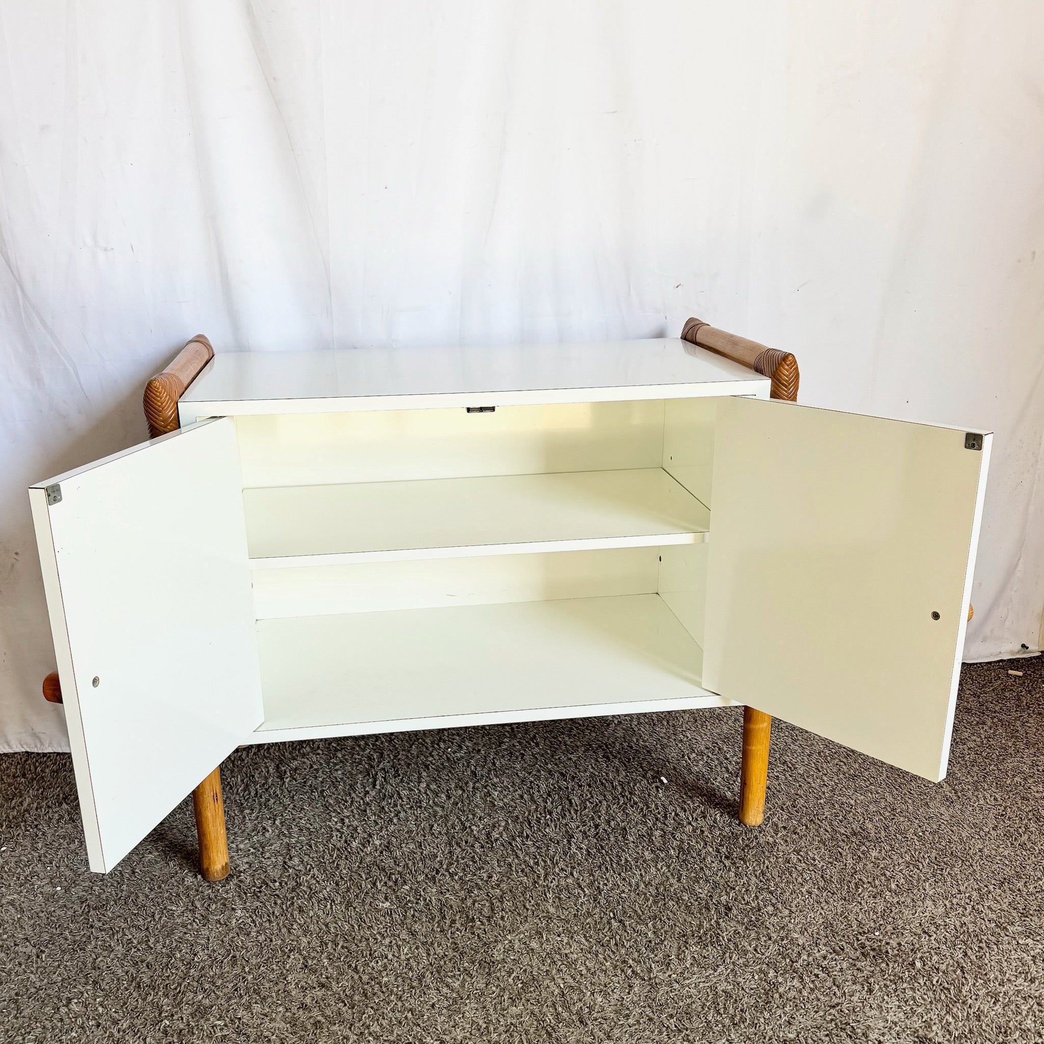 Vintage Boho Chic Rattan and White Laminate Credenza/Cabinet