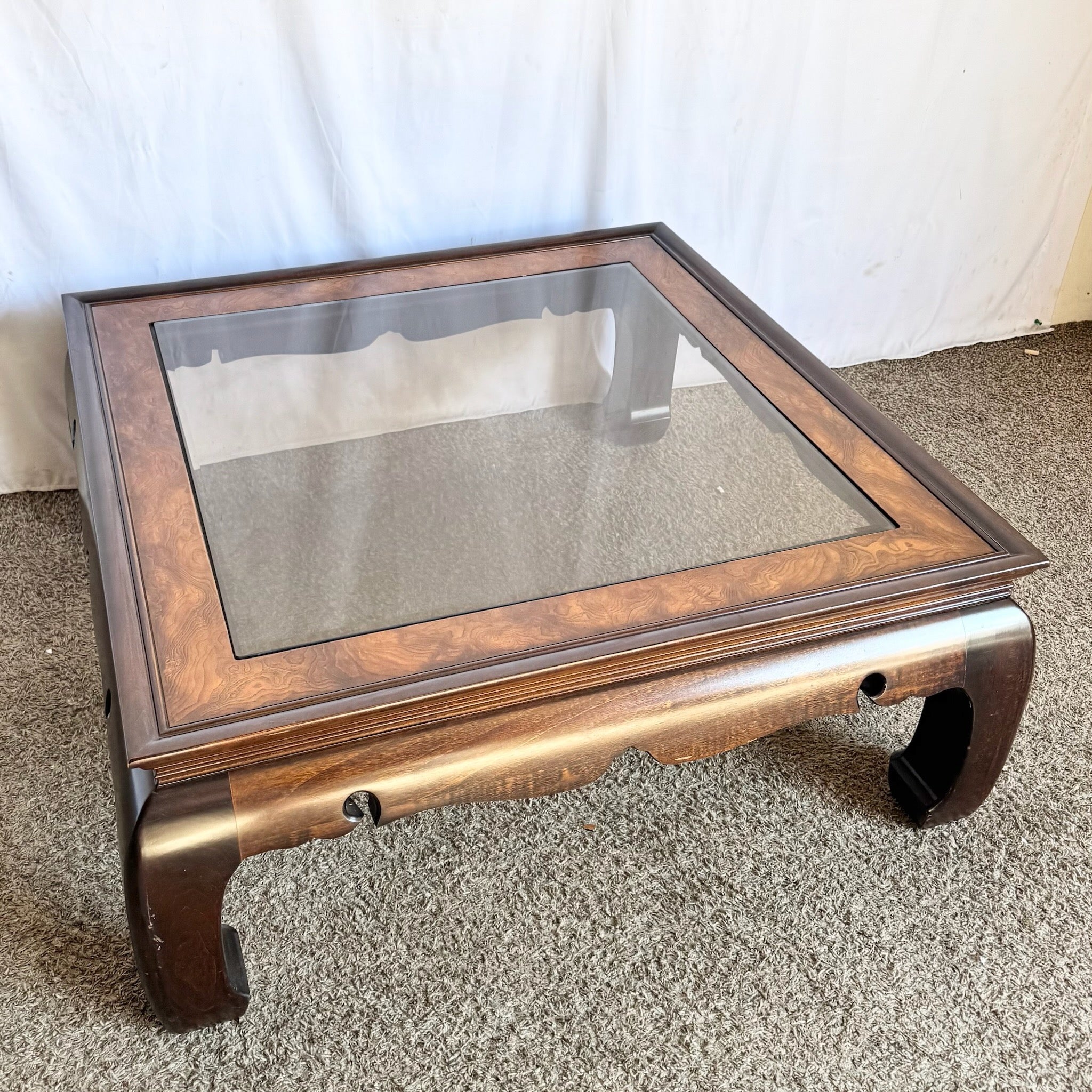 Vintage Ming Style Burl Wood and Smoked Glass Coffee Table by Gordon’s Fine Furniture