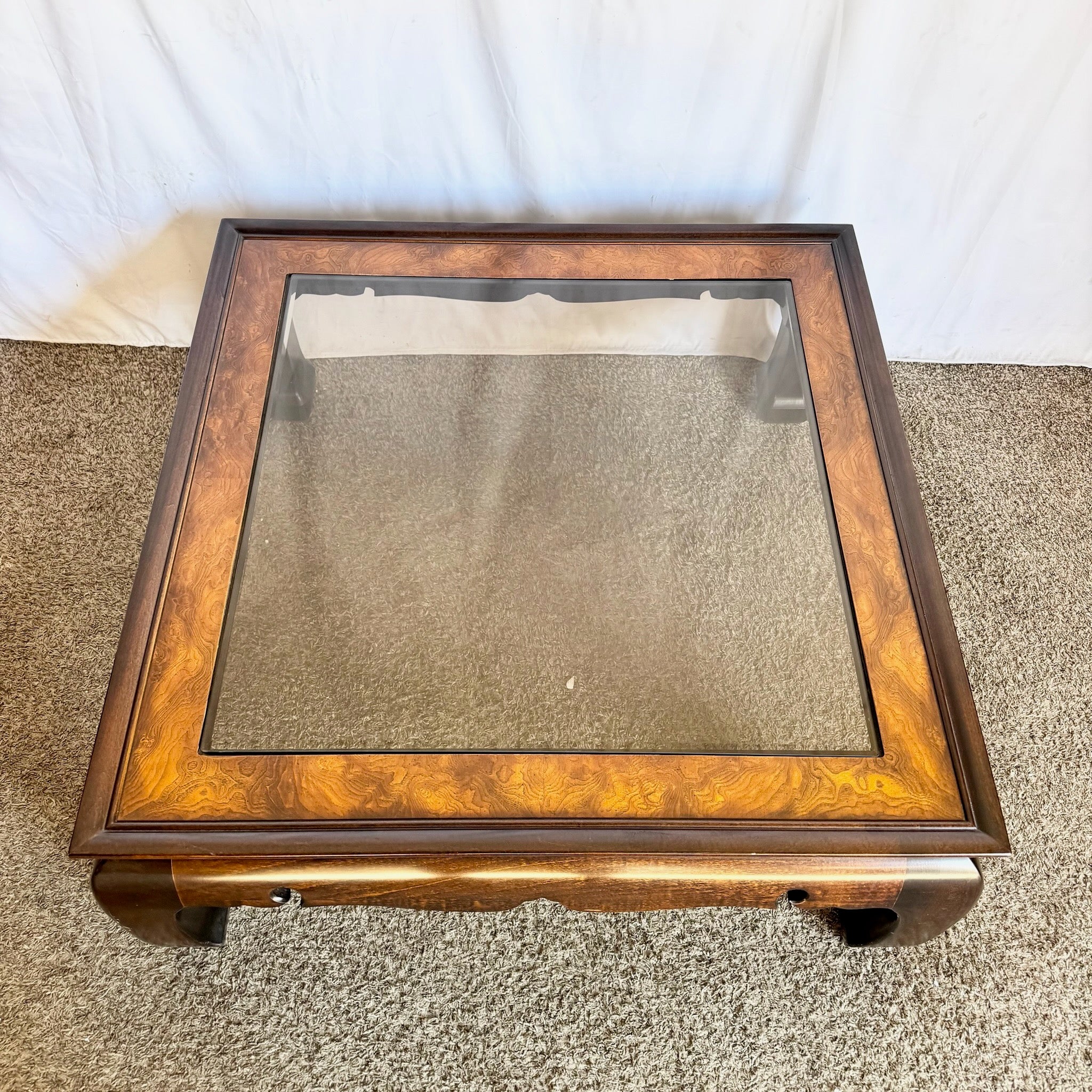 Vintage Ming Style Burl Wood and Smoked Glass Coffee Table by Gordon’s Fine Furniture