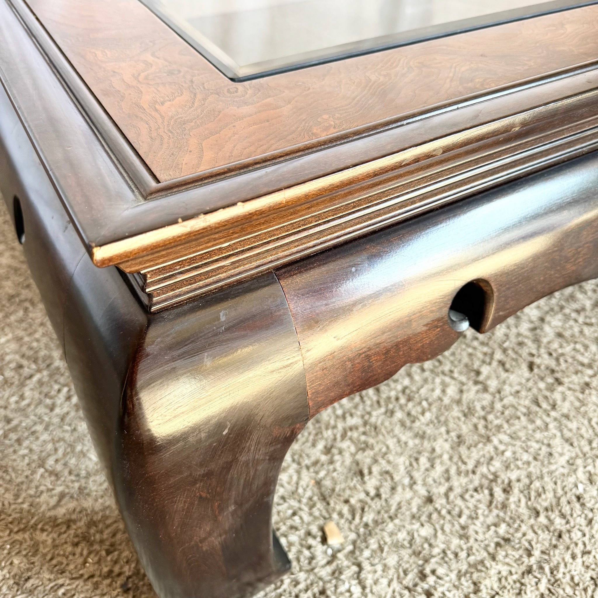 Vintage Ming Style Burl Wood and Smoked Glass Coffee Table by Gordon’s Fine Furniture