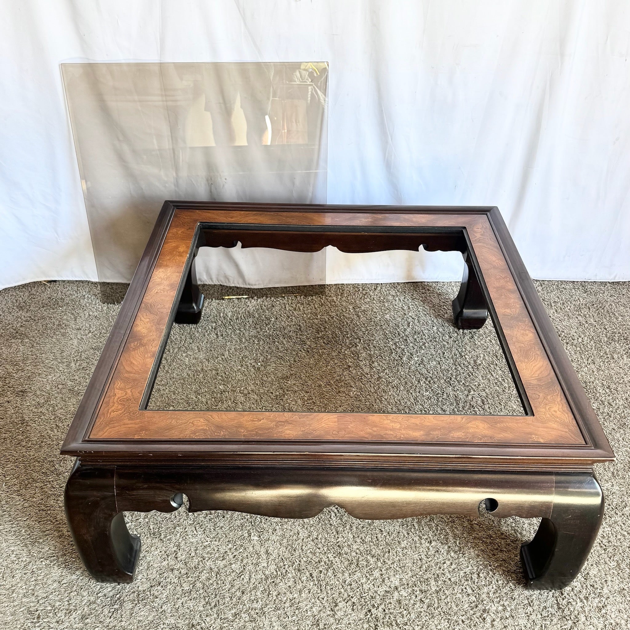 Vintage Ming Style Burl Wood and Smoked Glass Coffee Table by Gordon’s Fine Furniture