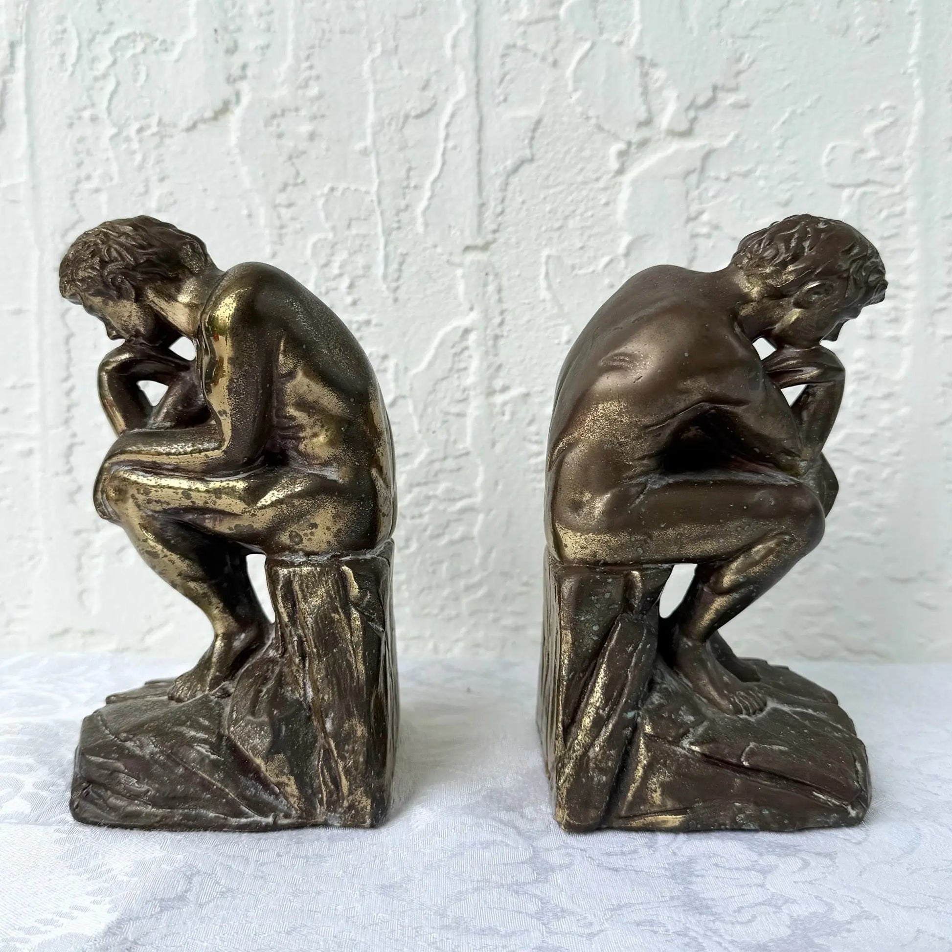 Vintage Brass Bookends “The Thinker” - A Pair Dolphin & Flamingo