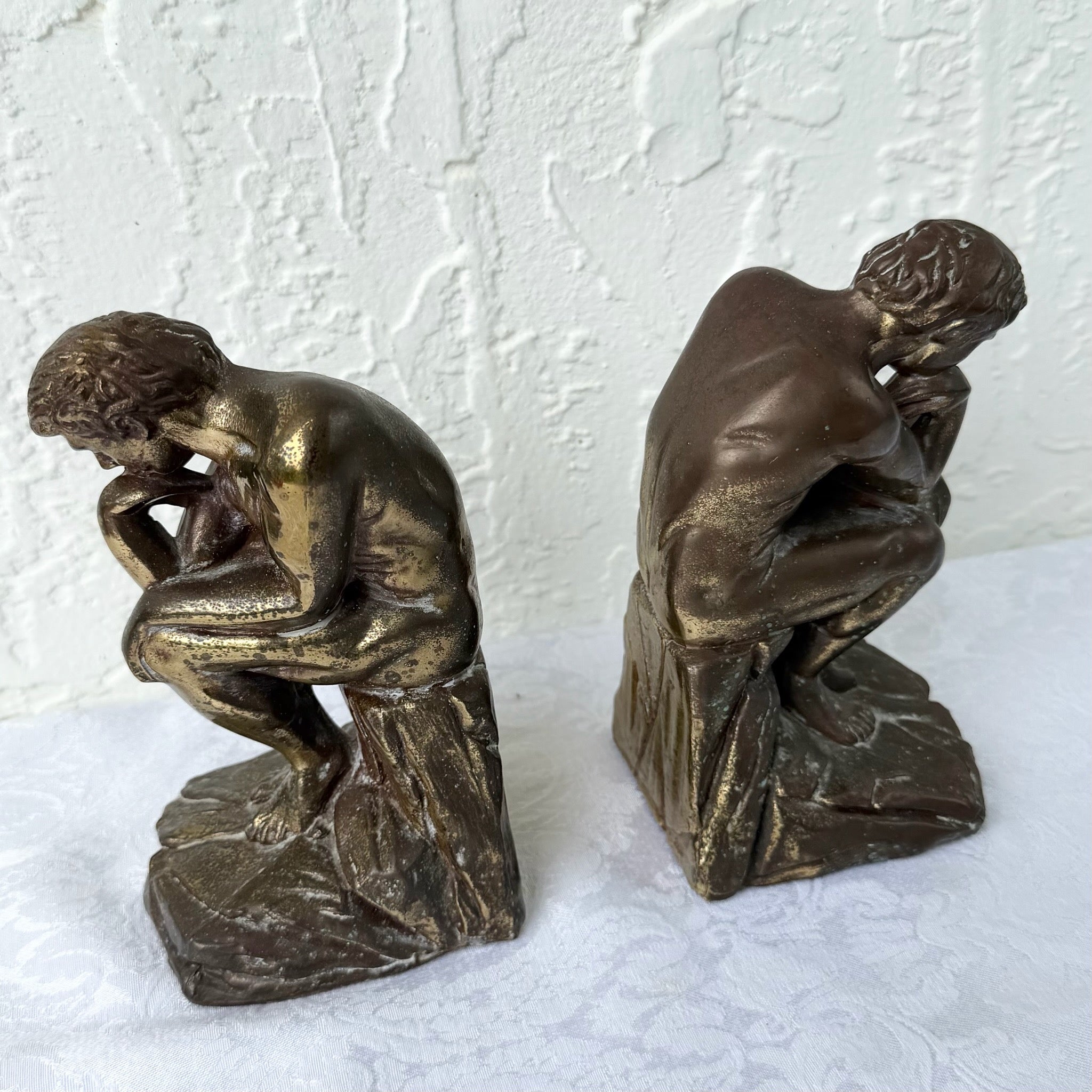 Vintage Brass Bookends “The Thinker” - A Pair Dolphin & Flamingo