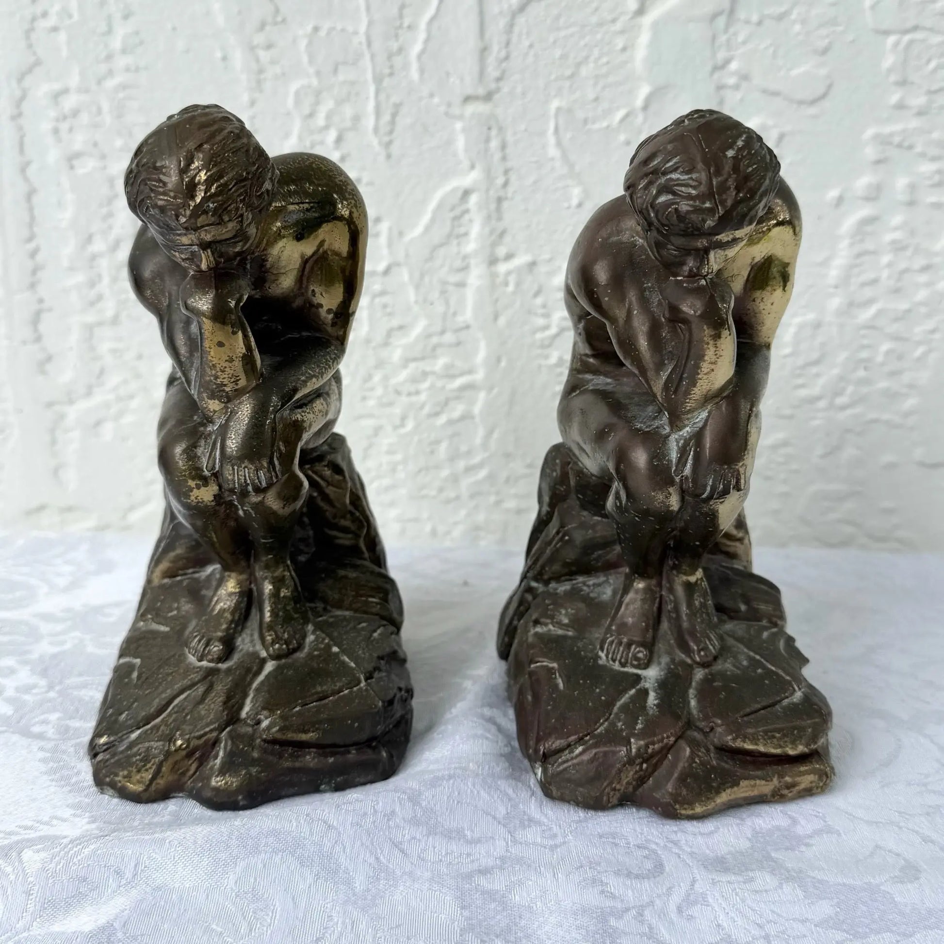Vintage Brass Bookends “The Thinker” - A Pair Dolphin & Flamingo