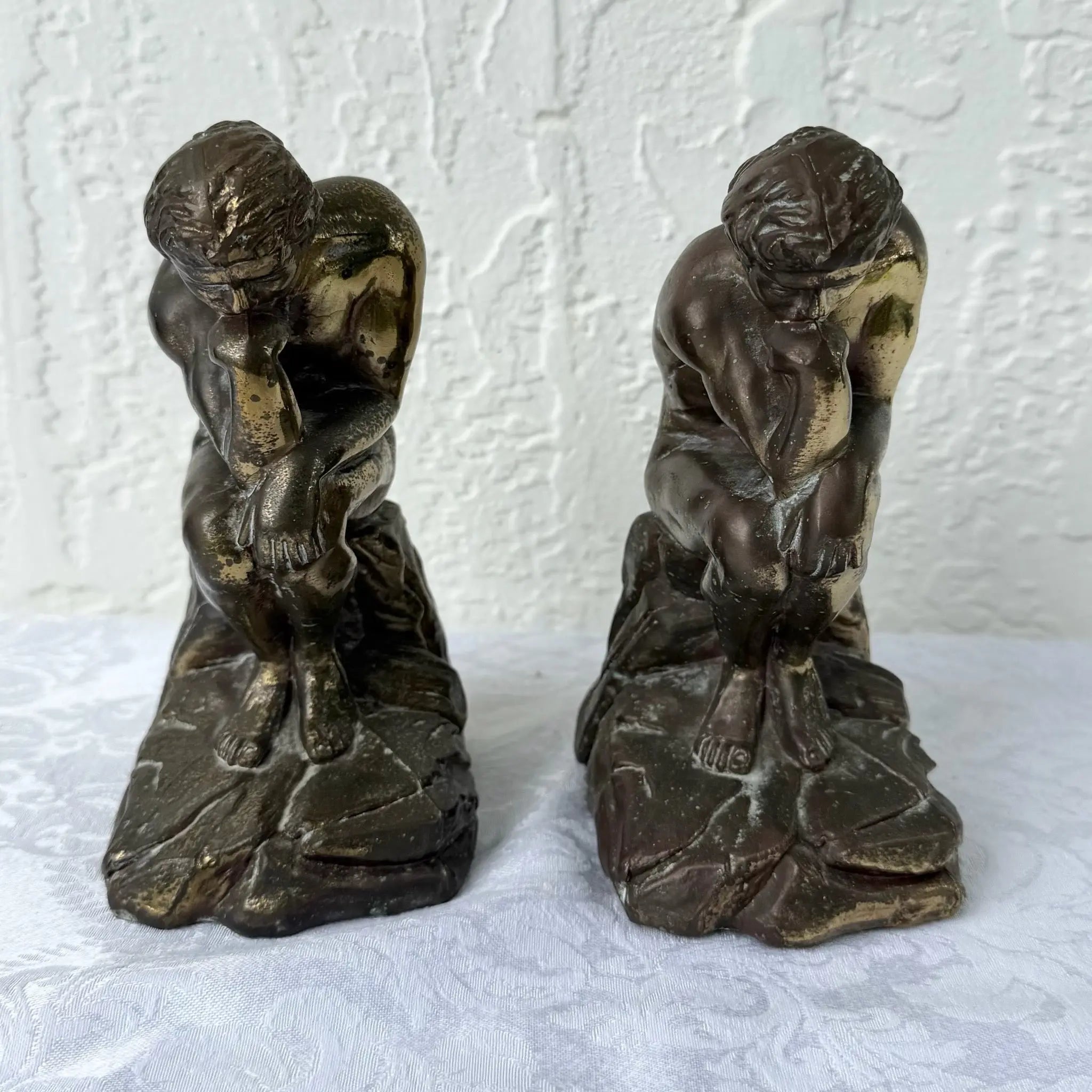 Vintage Brass Bookends “The Thinker” - A Pair Dolphin & Flamingo