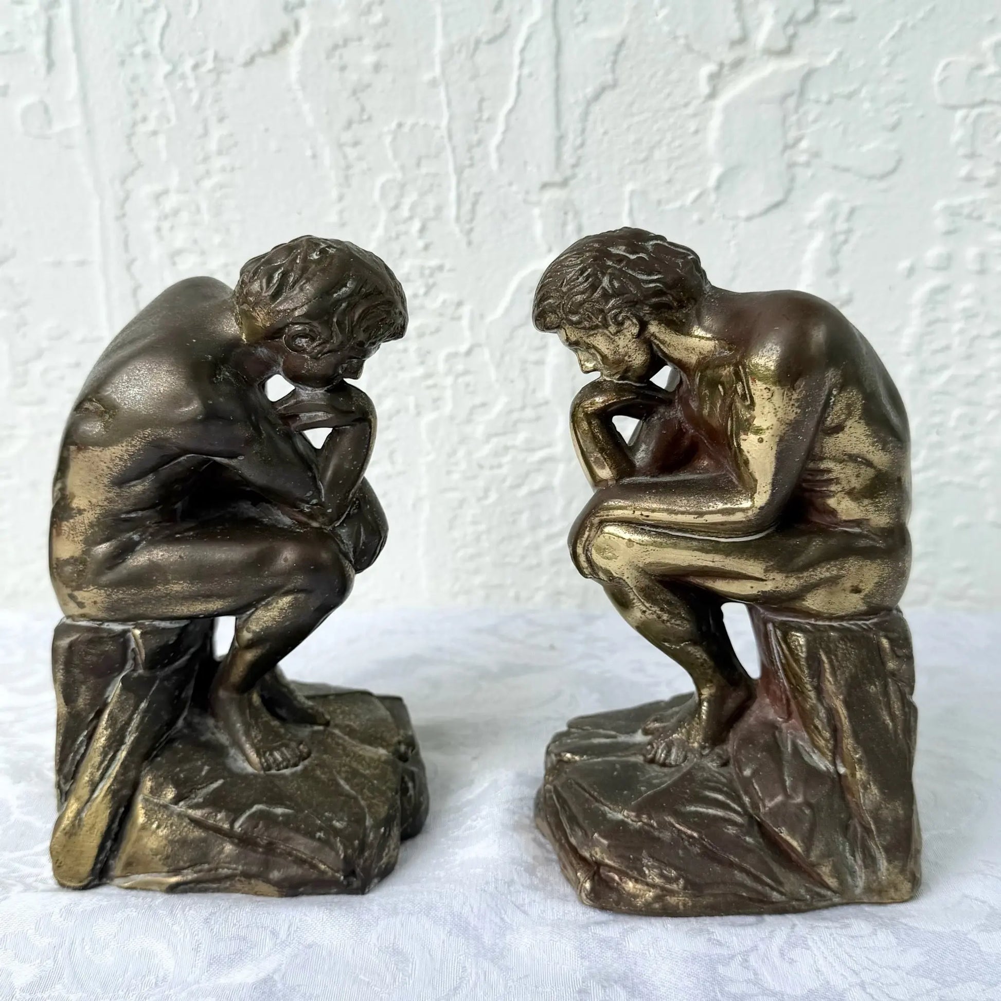 Vintage Brass Bookends “The Thinker” - A Pair Dolphin & Flamingo
