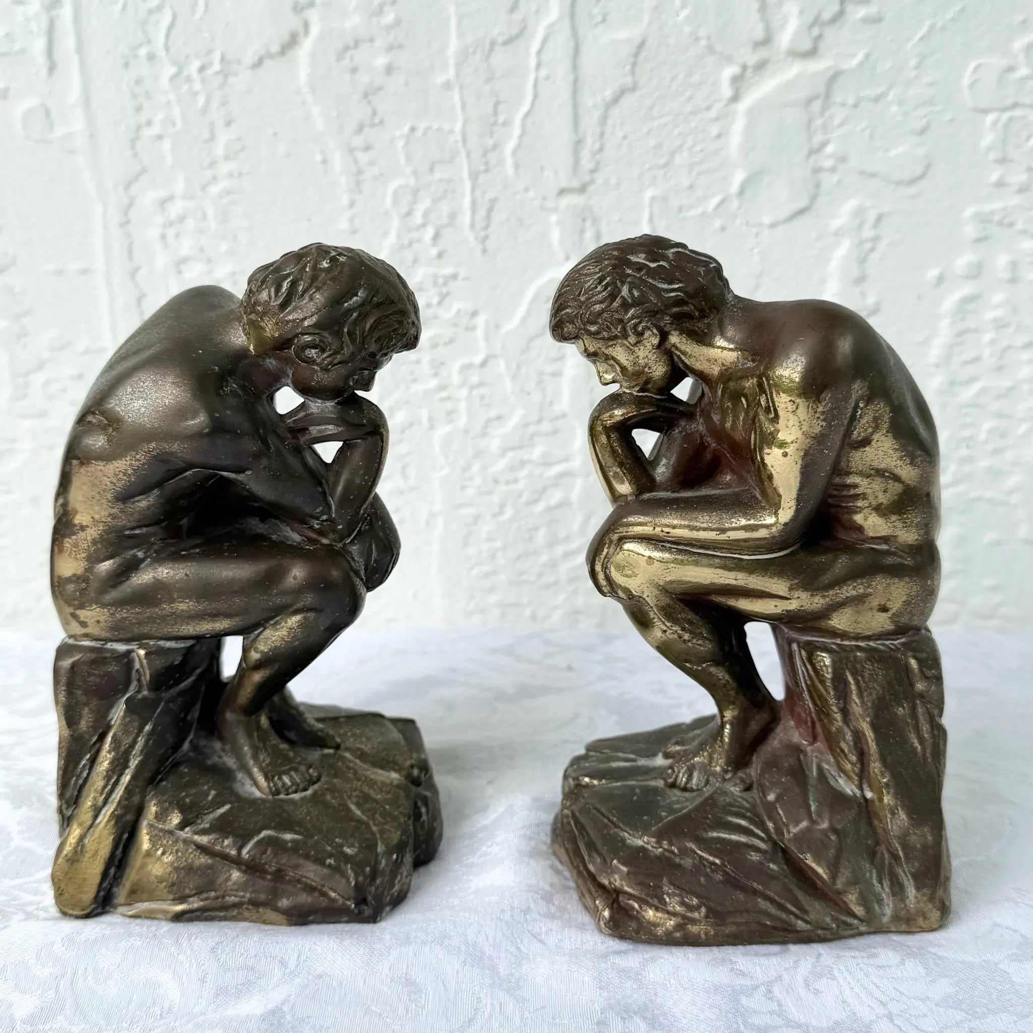 Vintage Brass Bookends “The Thinker” - A Pair Dolphin & Flamingo