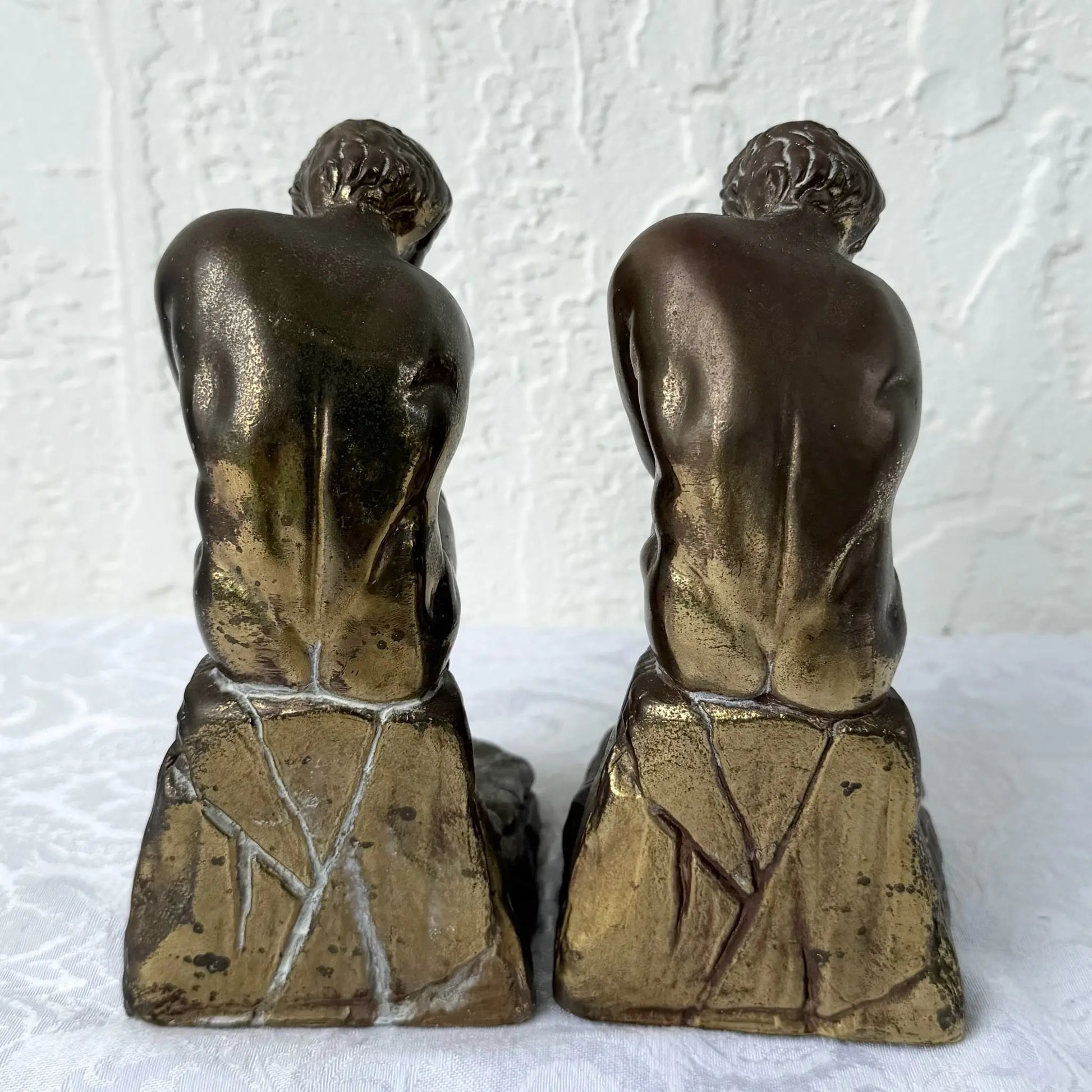 Vintage Brass Bookends “The Thinker” - A Pair Dolphin & Flamingo