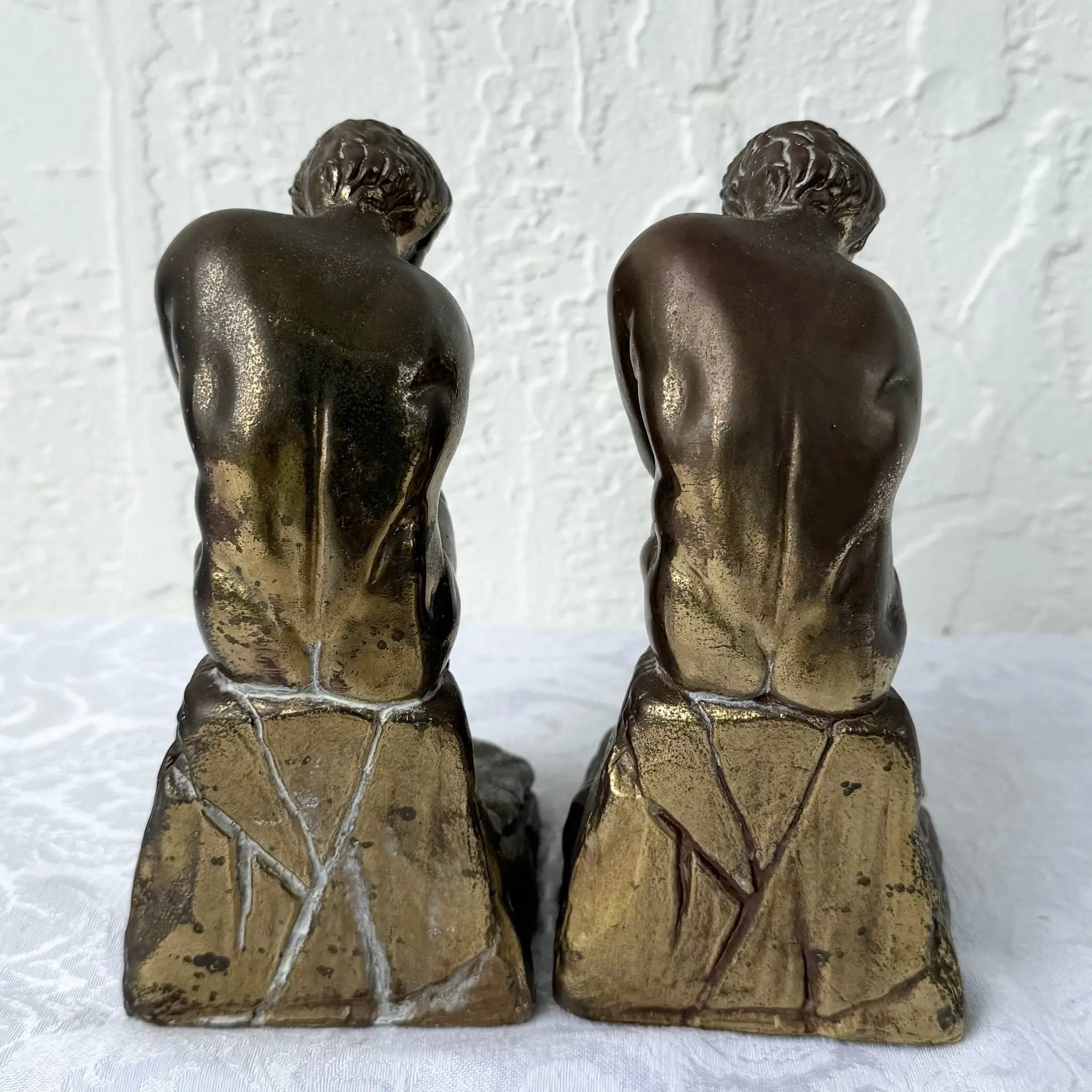 Vintage Brass Bookends “The Thinker” - A Pair Dolphin & Flamingo