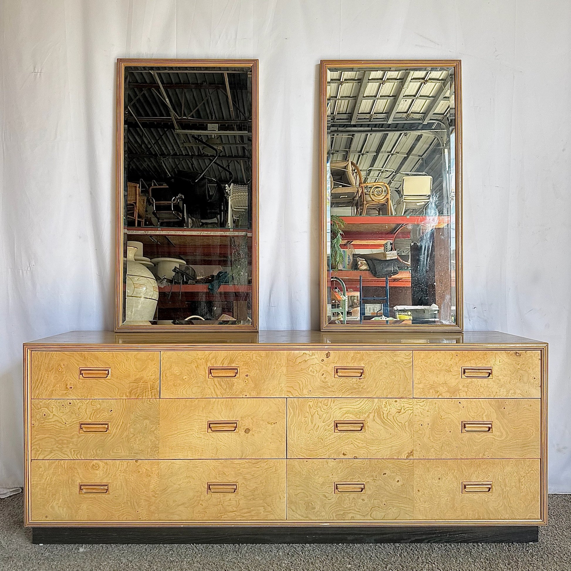 Vintage “Scene Two” Blonde Burlwood Dresser With Mirrors by Henredon