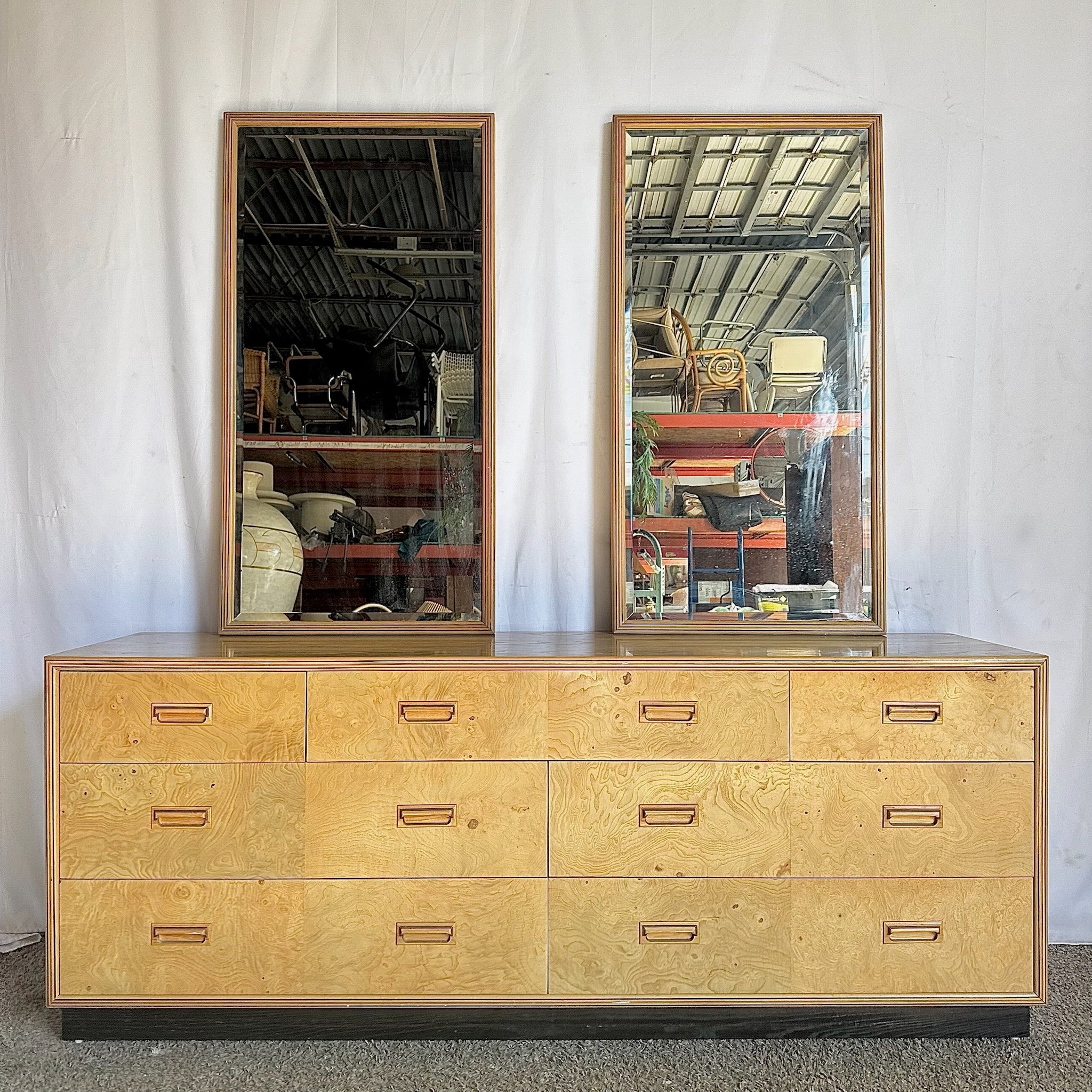 Vintage “Scene Two” Blonde Burlwood Dresser With Mirrors by Henredon