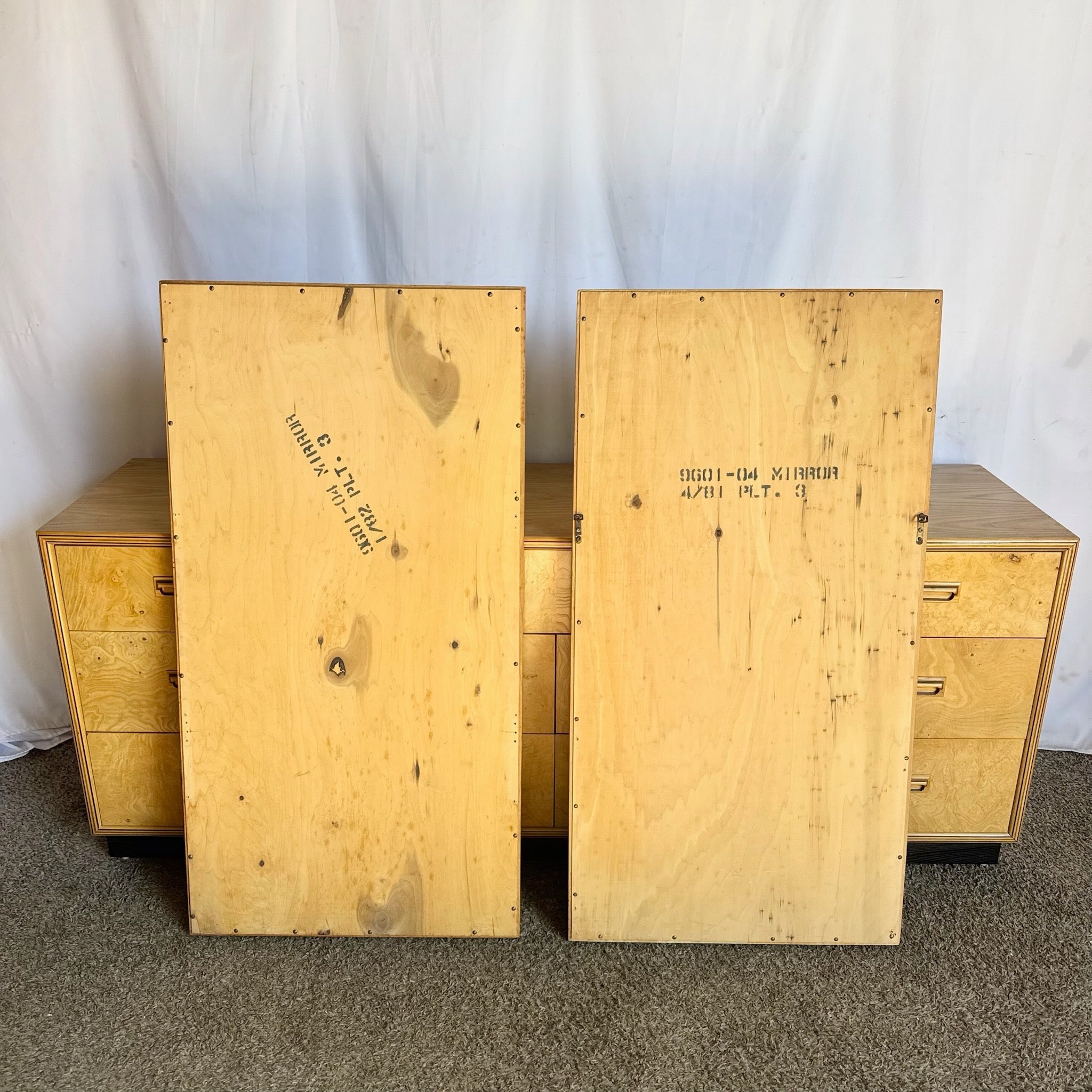 Vintage “Scene Two” Blonde Burlwood Dresser With Mirrors by Henredon