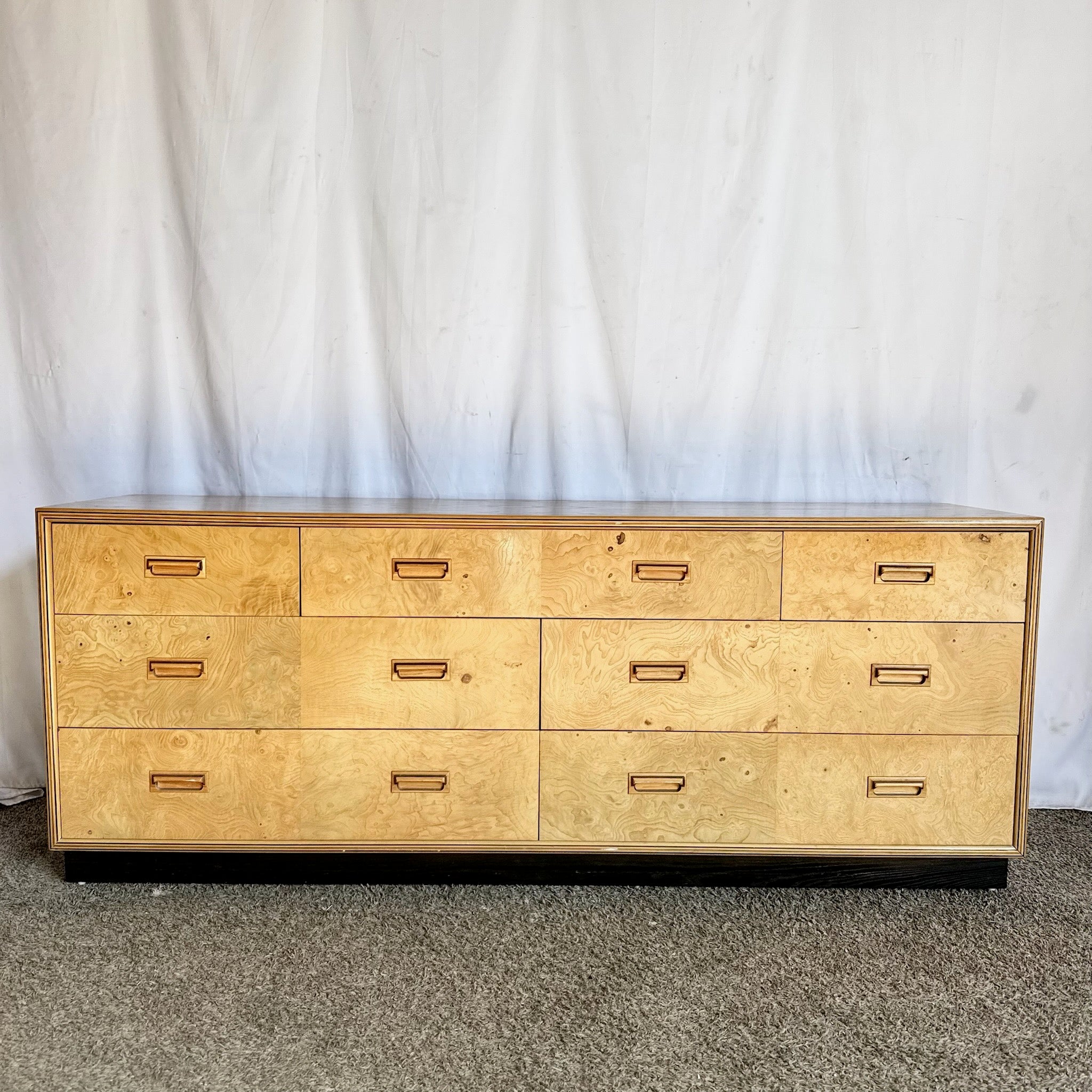 Vintage “Scene Two” Blonde Burlwood Dresser With Mirrors by Henredon