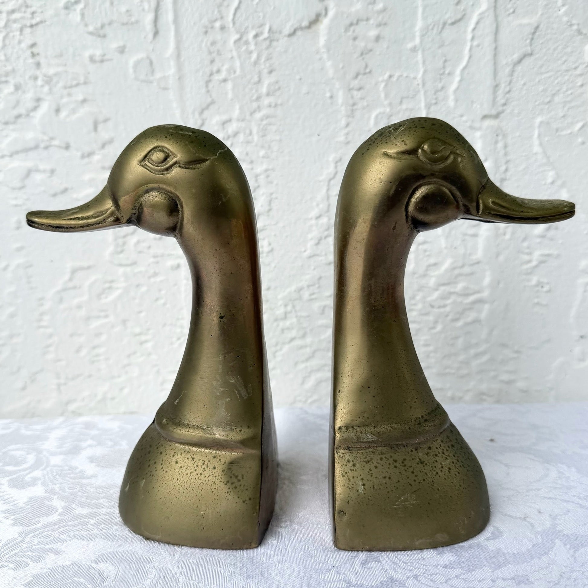 Vintage Mid Century Brass Duck Bookends - A Pair Dolphin & Flamingo