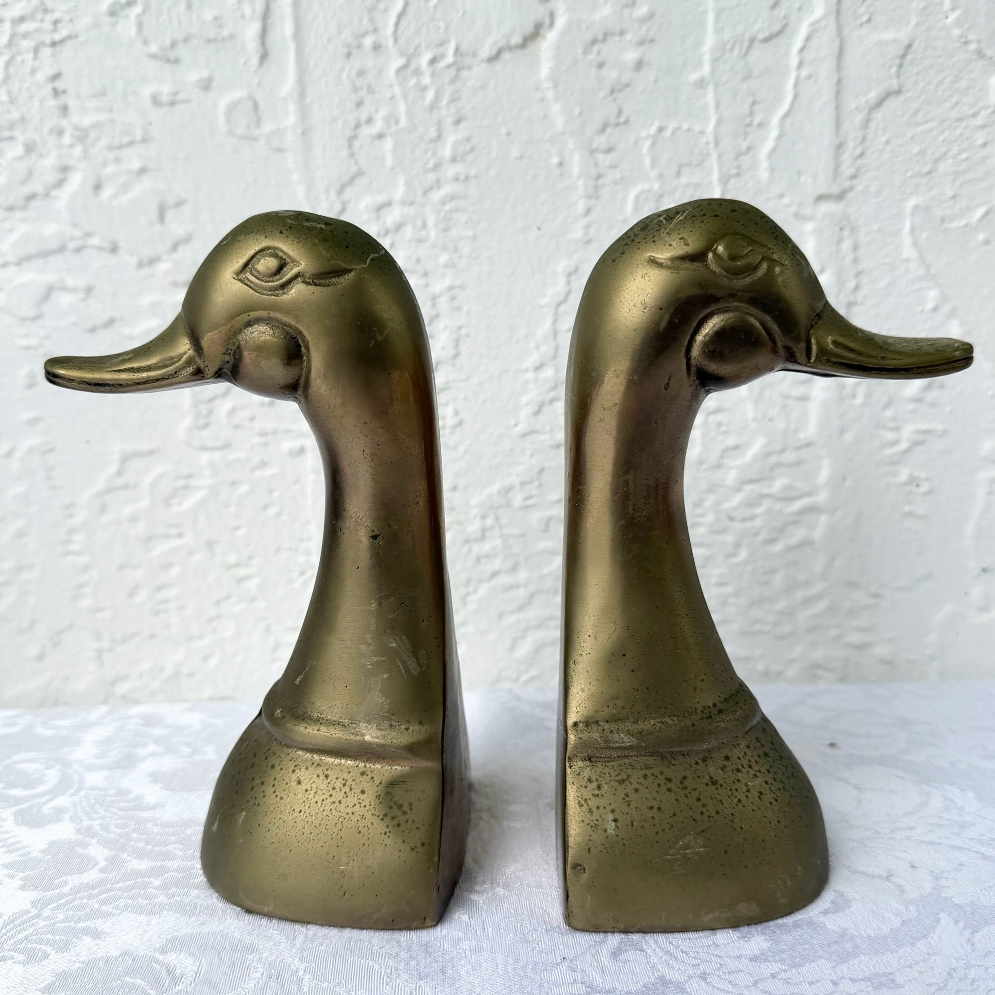 Vintage Mid Century Brass Duck Bookends - A Pair Dolphin & Flamingo