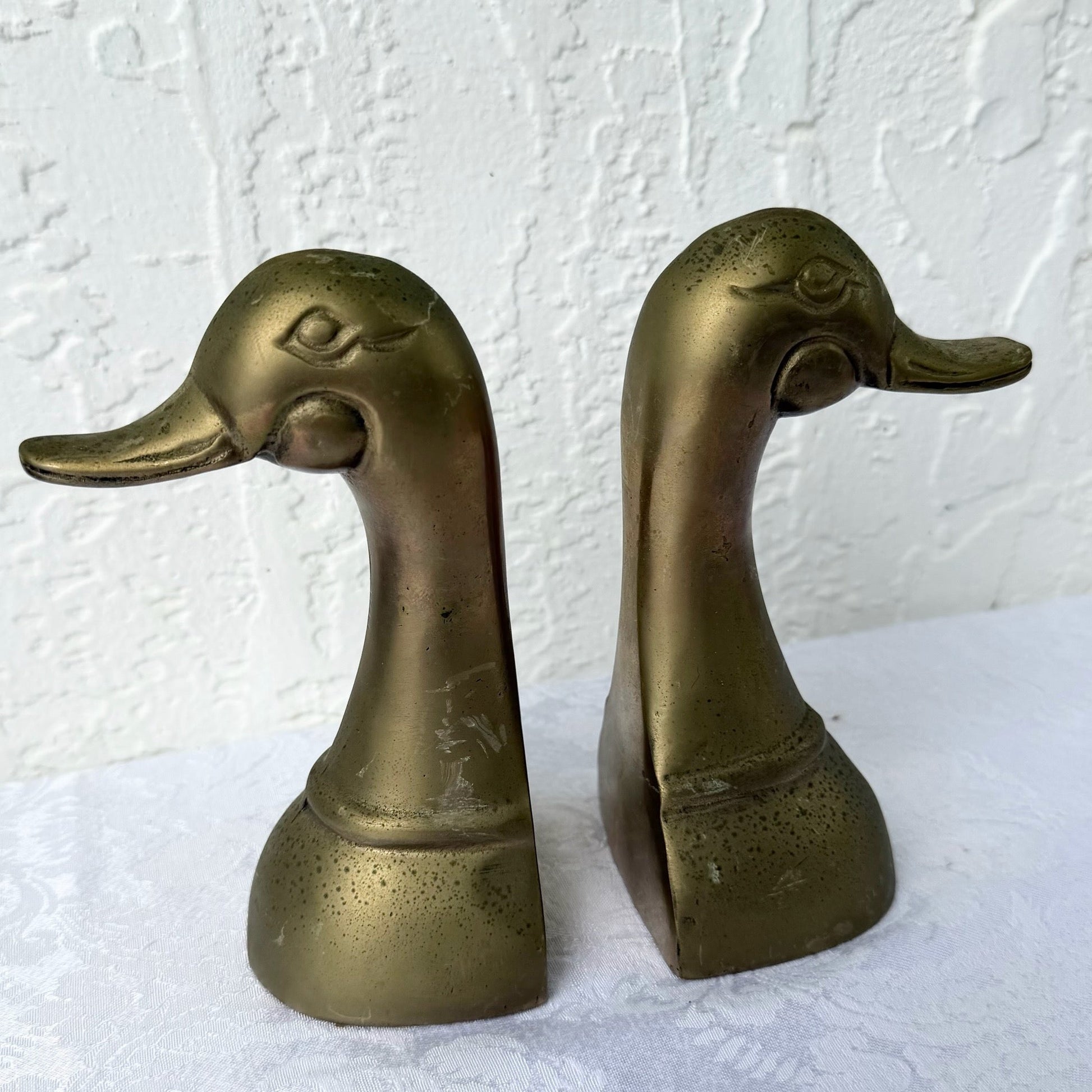 Vintage Mid Century Brass Duck Bookends - A Pair Dolphin & Flamingo