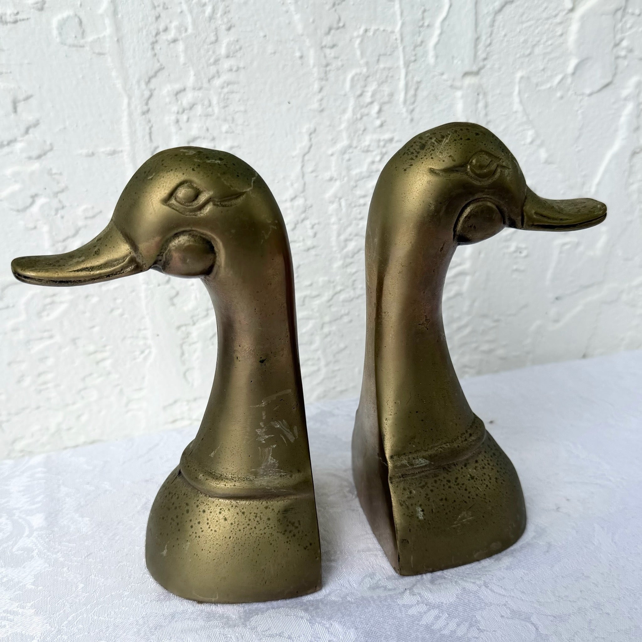 Vintage Mid Century Brass Duck Bookends - A Pair Dolphin & Flamingo