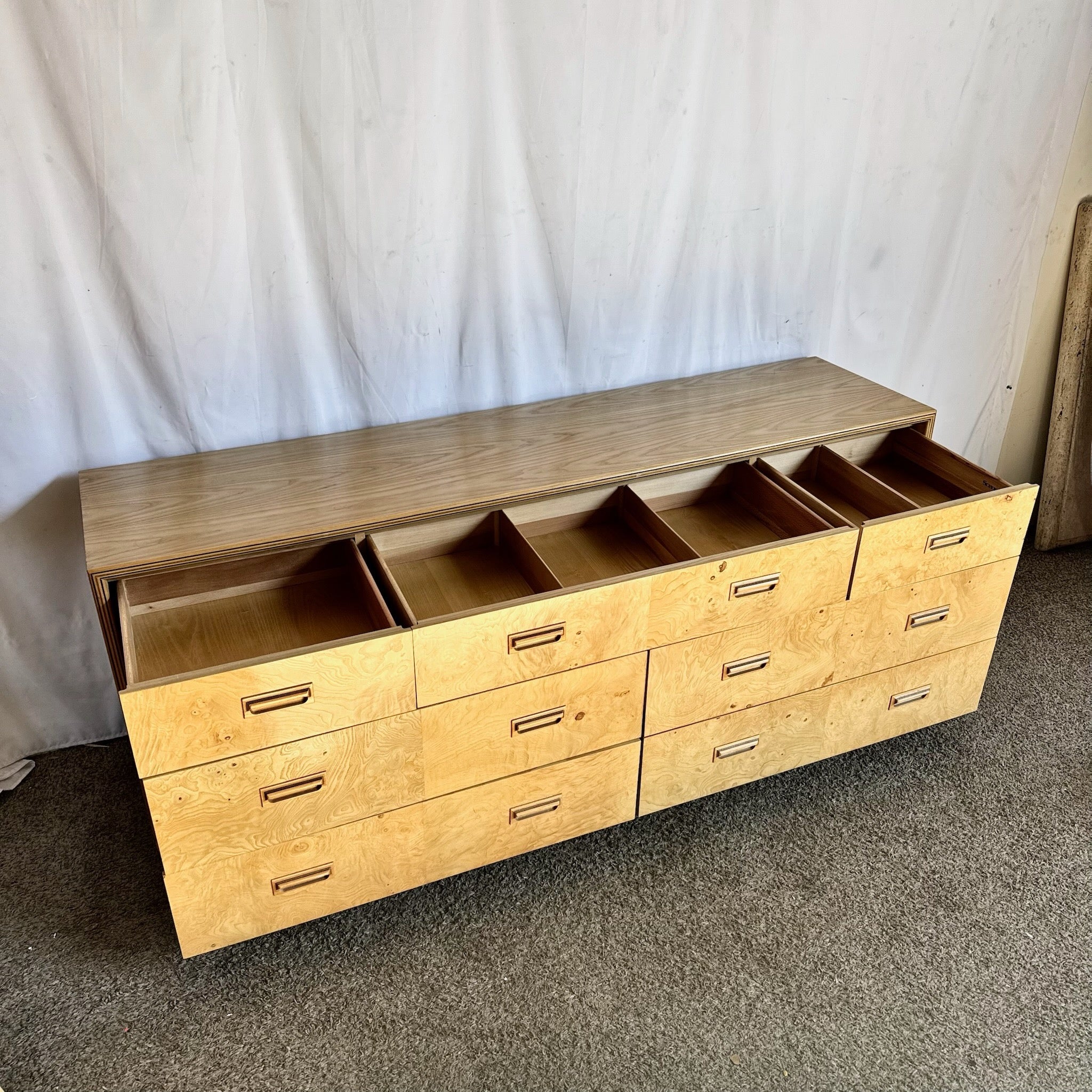 Vintage “Scene Two” Blonde Burlwood Dresser With Mirrors by Henredon