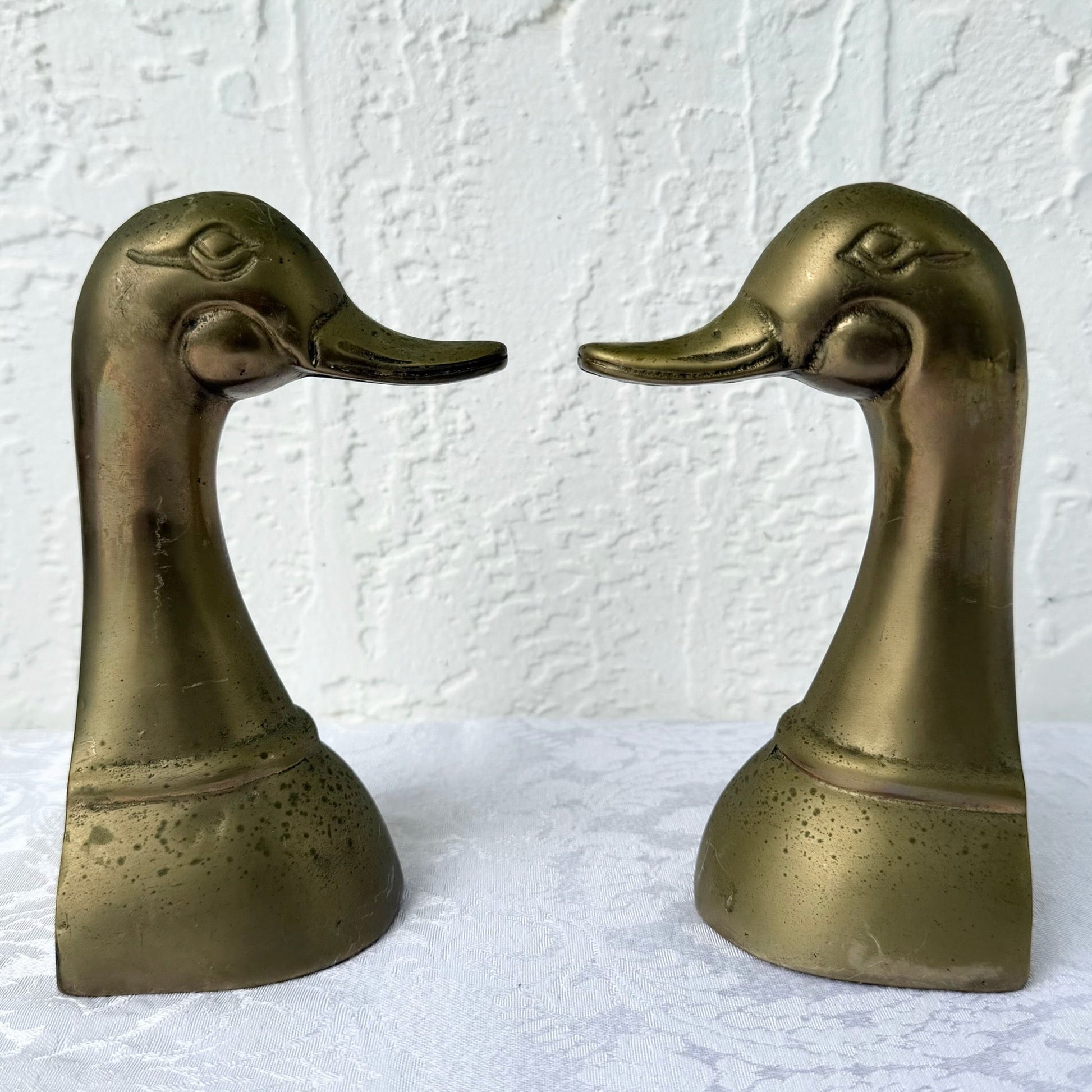 Vintage Mid Century Brass Duck Bookends - A Pair Dolphin & Flamingo