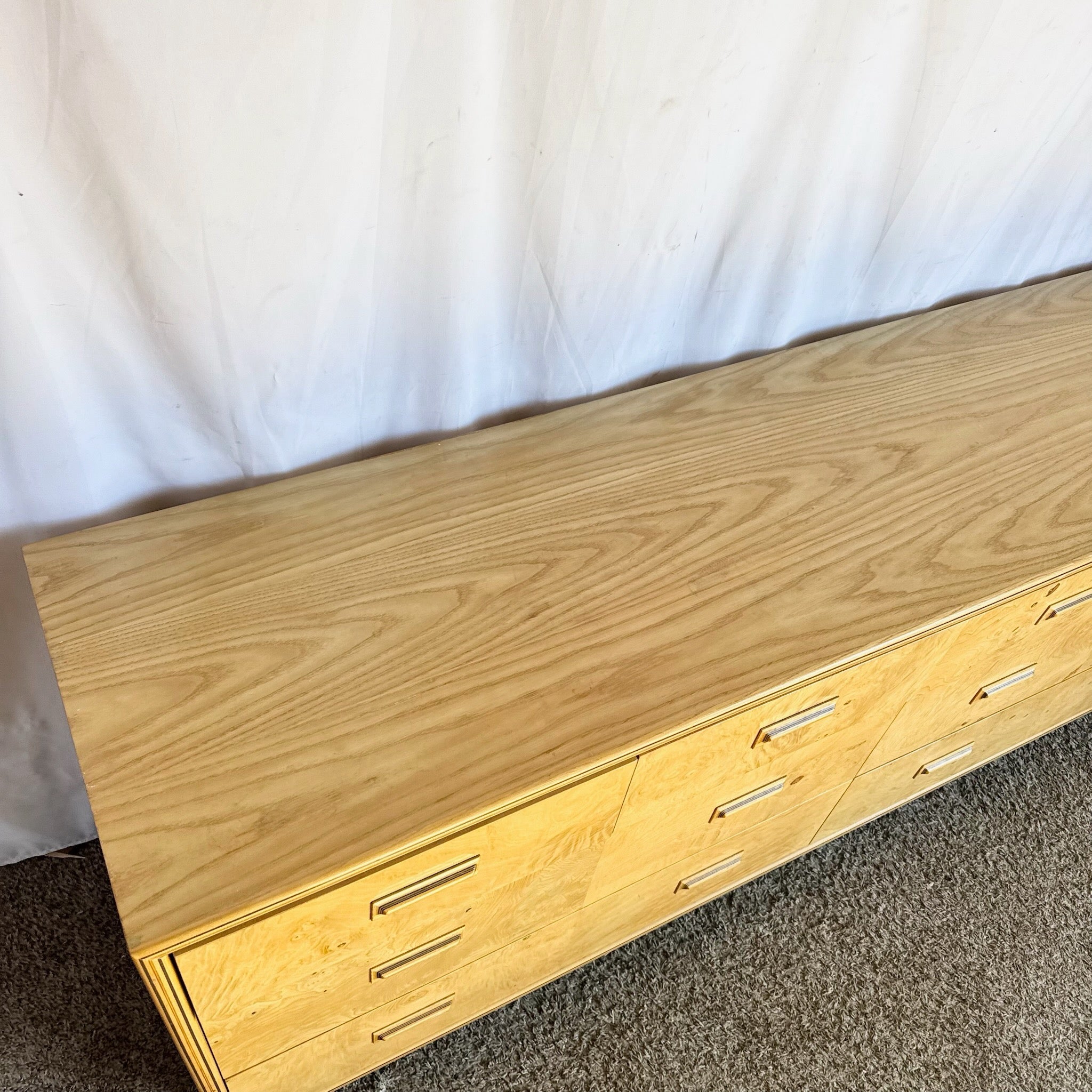 Vintage “Scene Two” Blonde Burlwood Dresser With Mirrors by Henredon