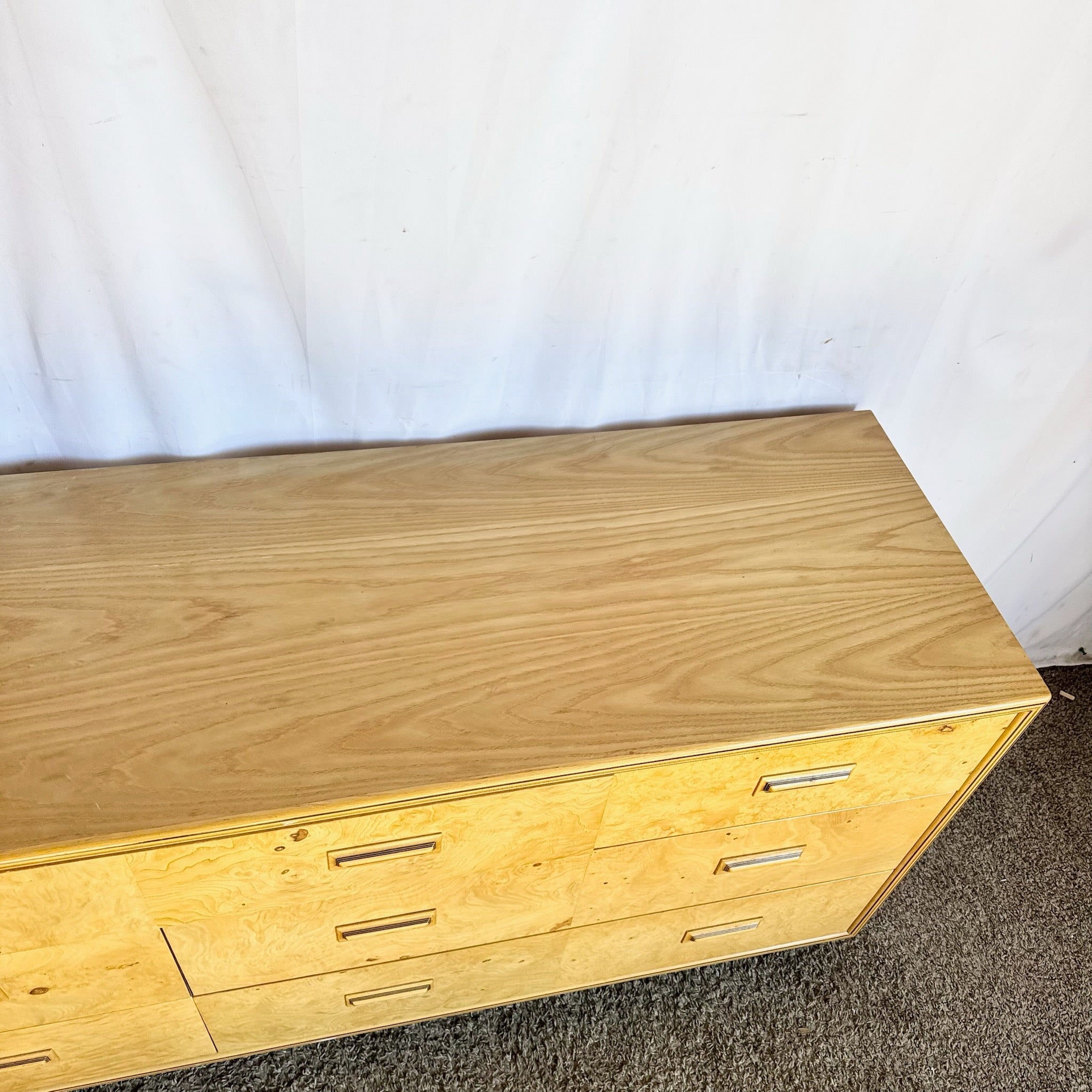 Vintage “Scene Two” Blonde Burlwood Dresser With Mirrors by Henredon