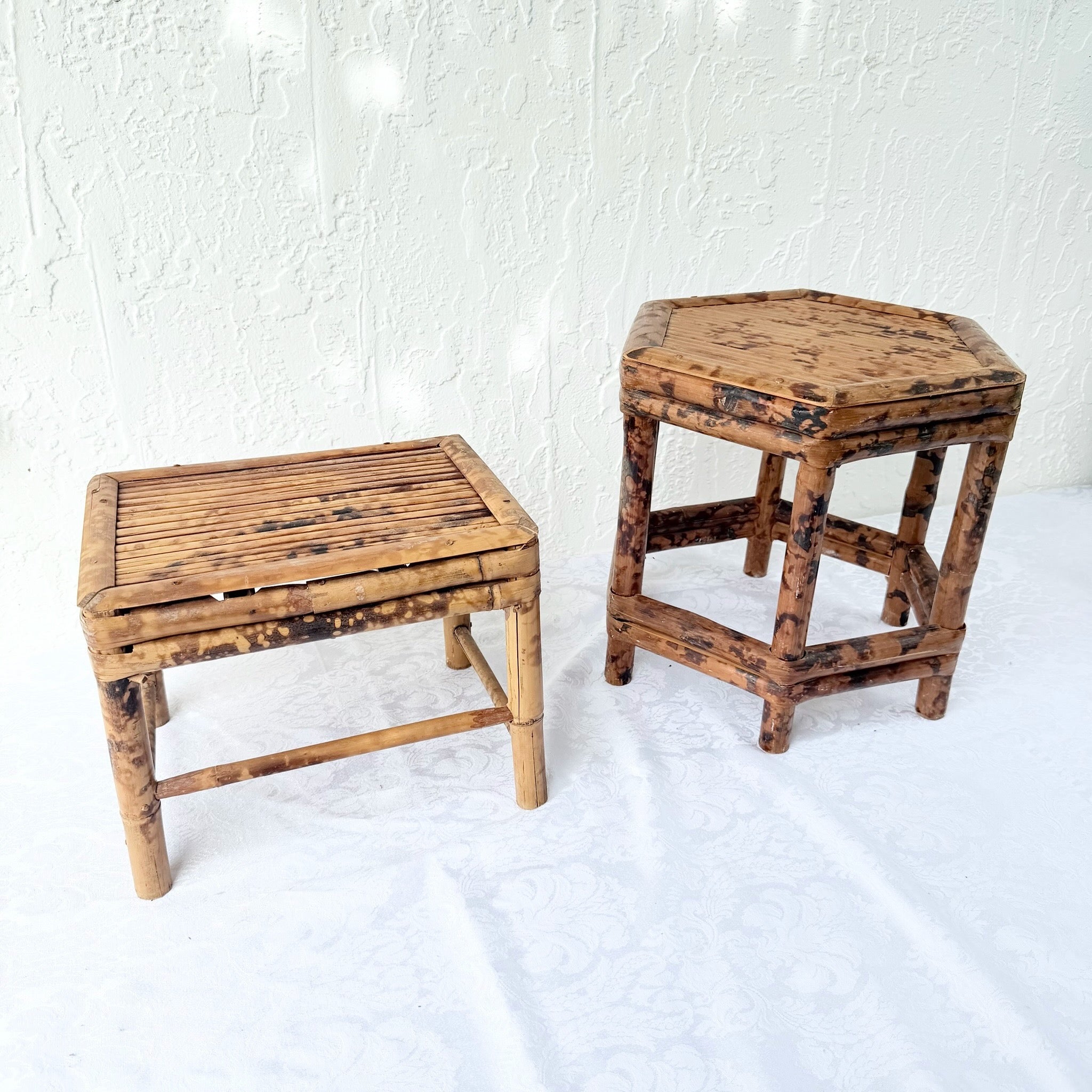 Burnt Tortoise Shell Finished Bamboo Accent Tables - Set of 2 Dolphin & Flamingo