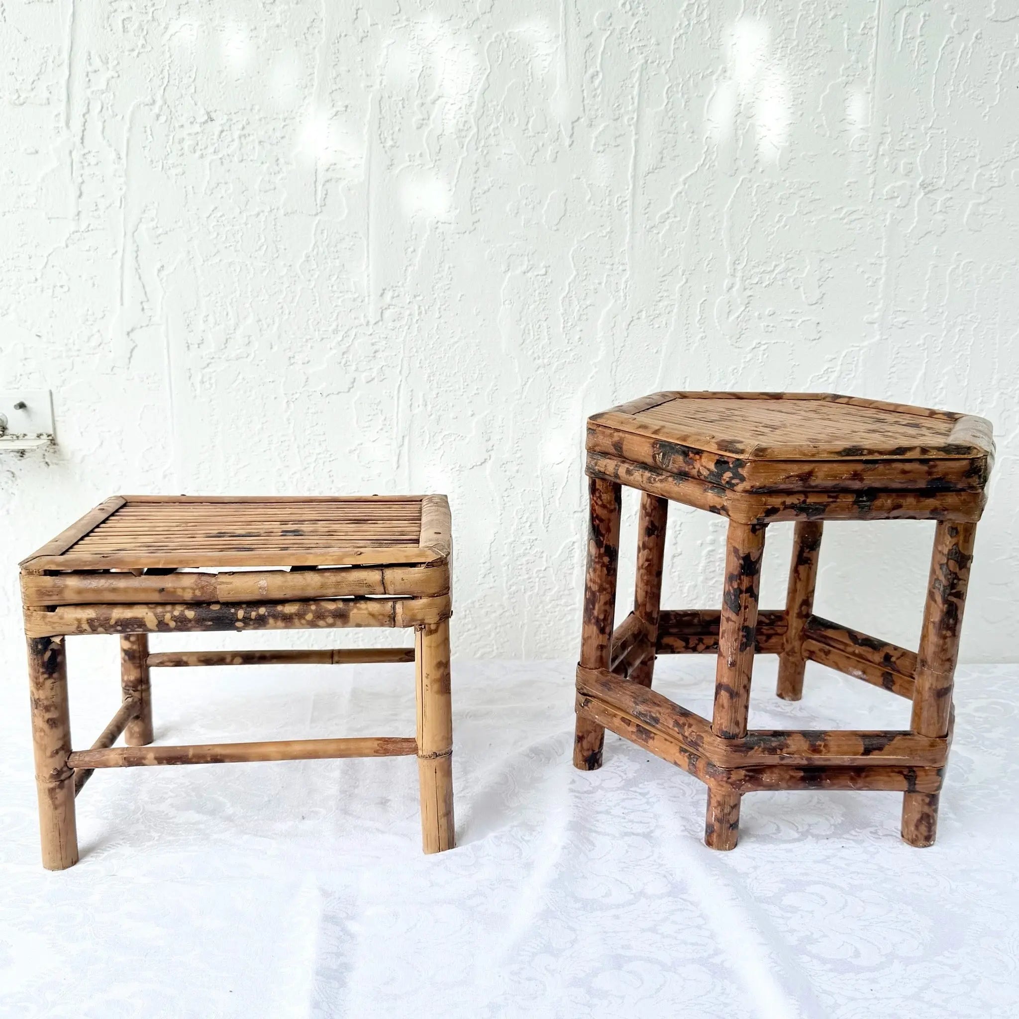 Burnt Tortoise Shell Finished Bamboo Accent Tables - Set of 2 Dolphin & Flamingo
