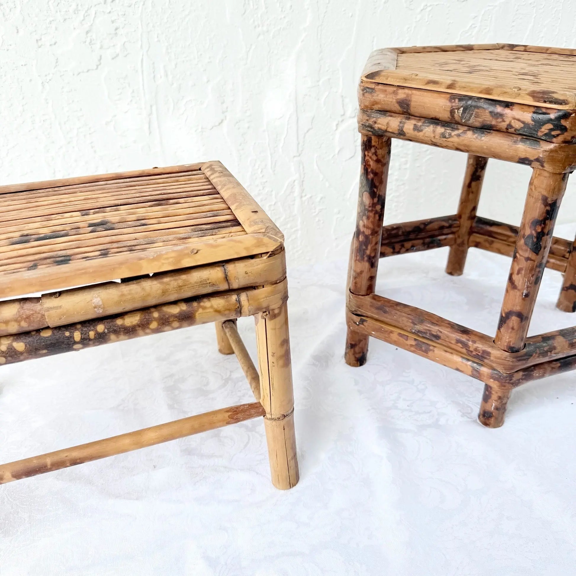 Burnt Tortoise Shell Finished Bamboo Accent Tables - Set of 2 Dolphin & Flamingo