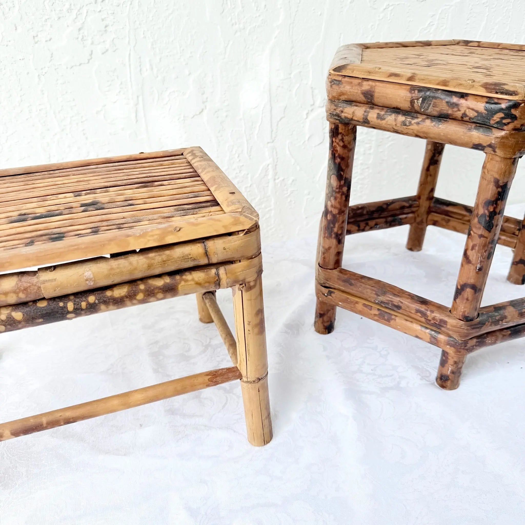 Burnt Tortoise Shell Finished Bamboo Accent Tables - Set of 2 Dolphin & Flamingo