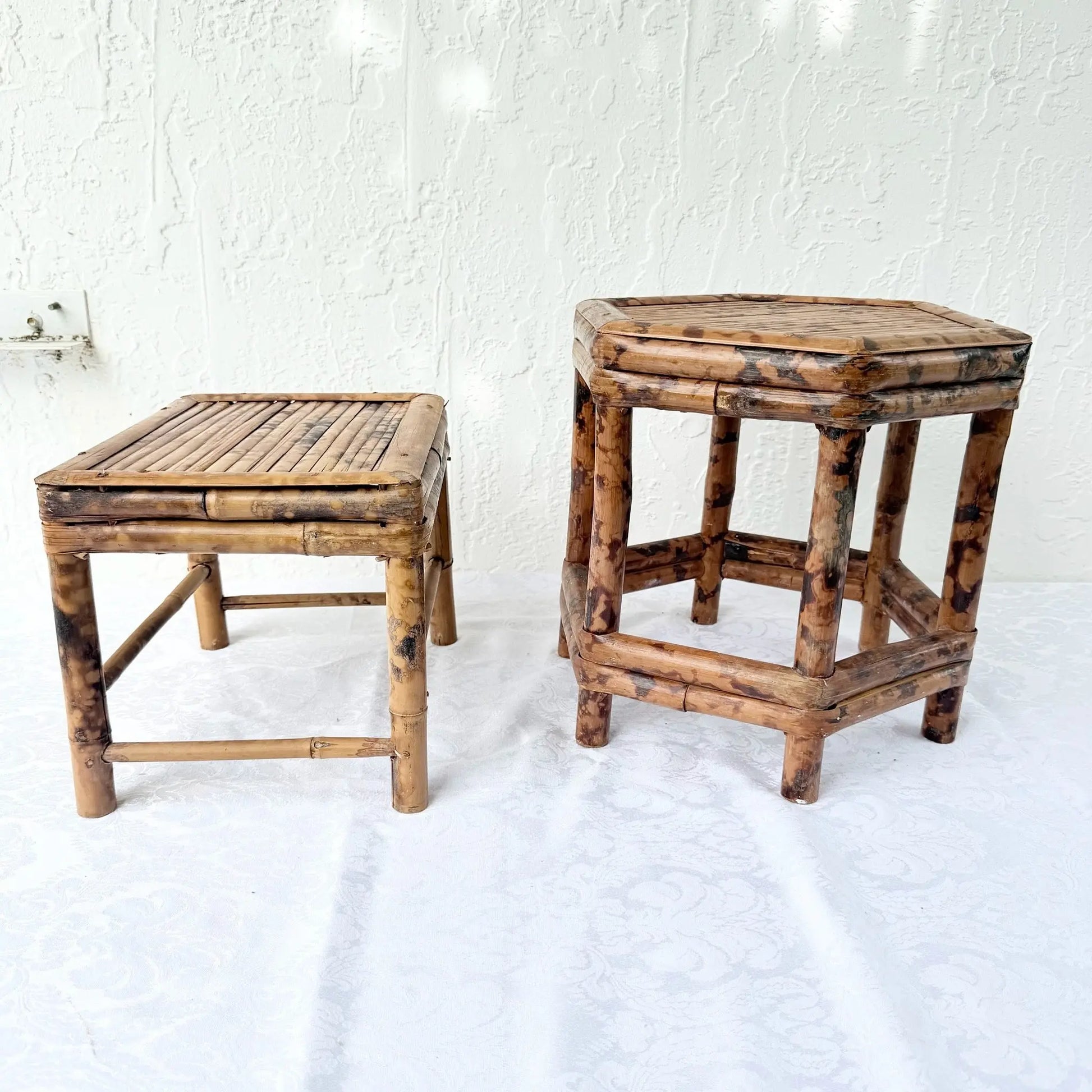 Burnt Tortoise Shell Finished Bamboo Accent Tables - Set of 2 Dolphin & Flamingo