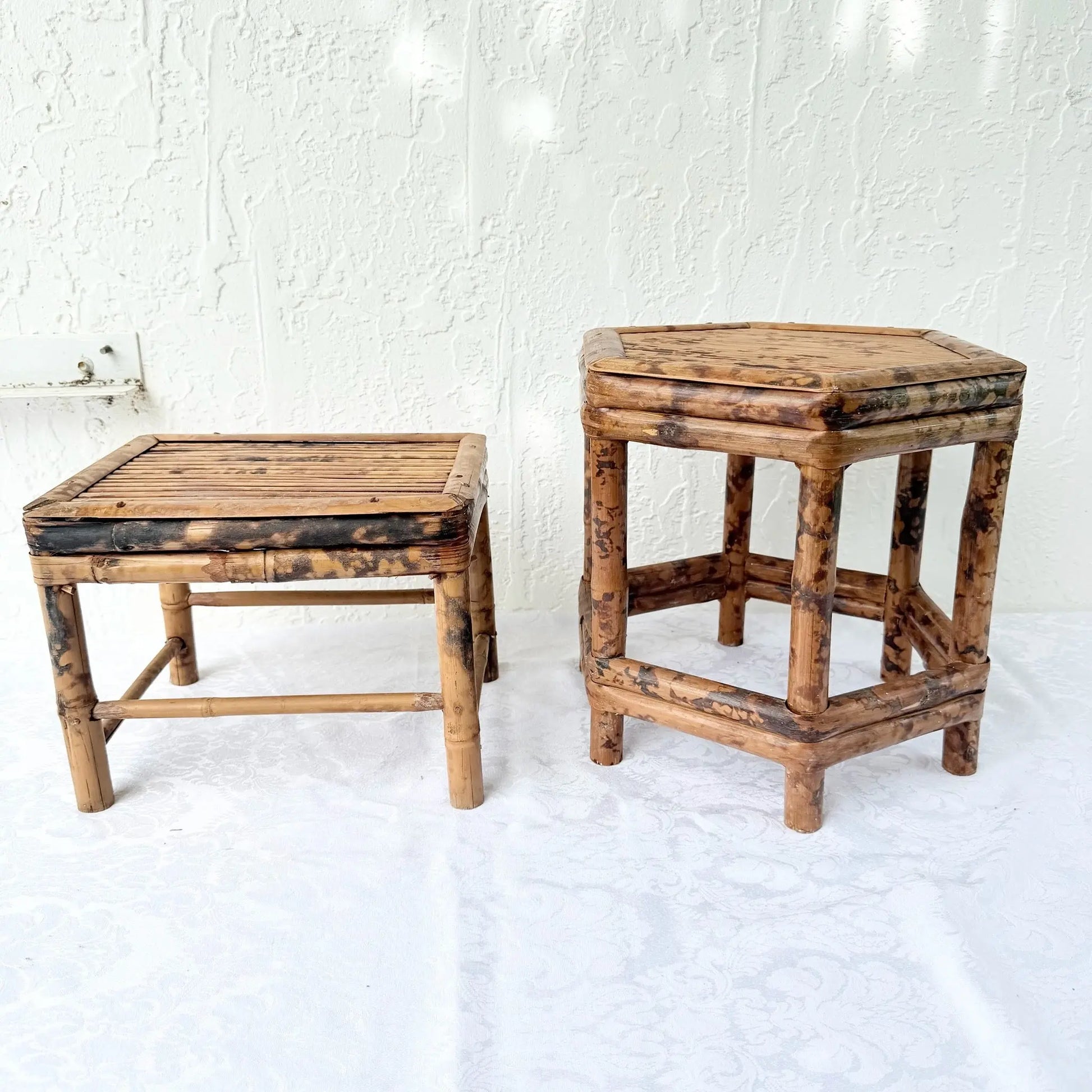 Burnt Tortoise Shell Finished Bamboo Accent Tables - Set of 2 Dolphin & Flamingo